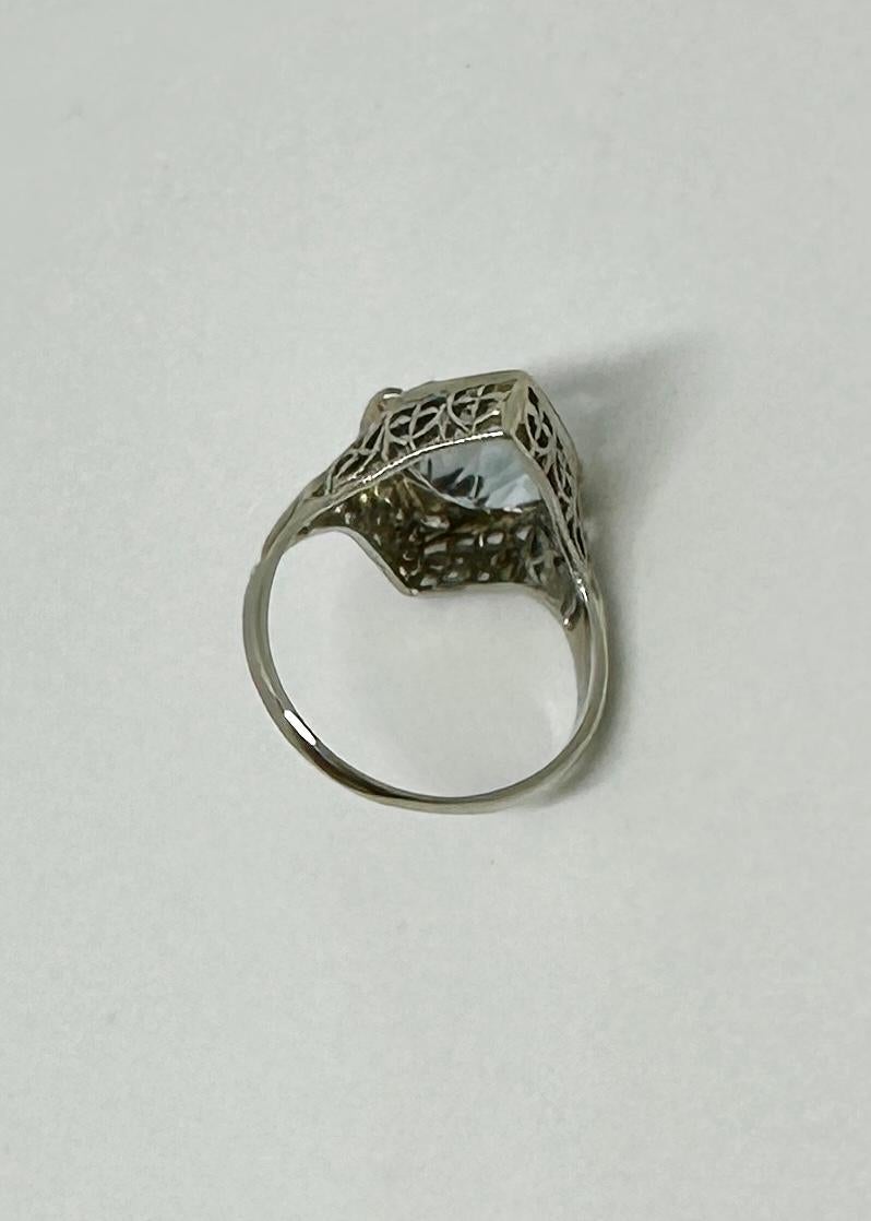 Art Deco Aquamarine Old Mine Diamond Ring 18 Karat White Gold Engagement Ring For Sale 7