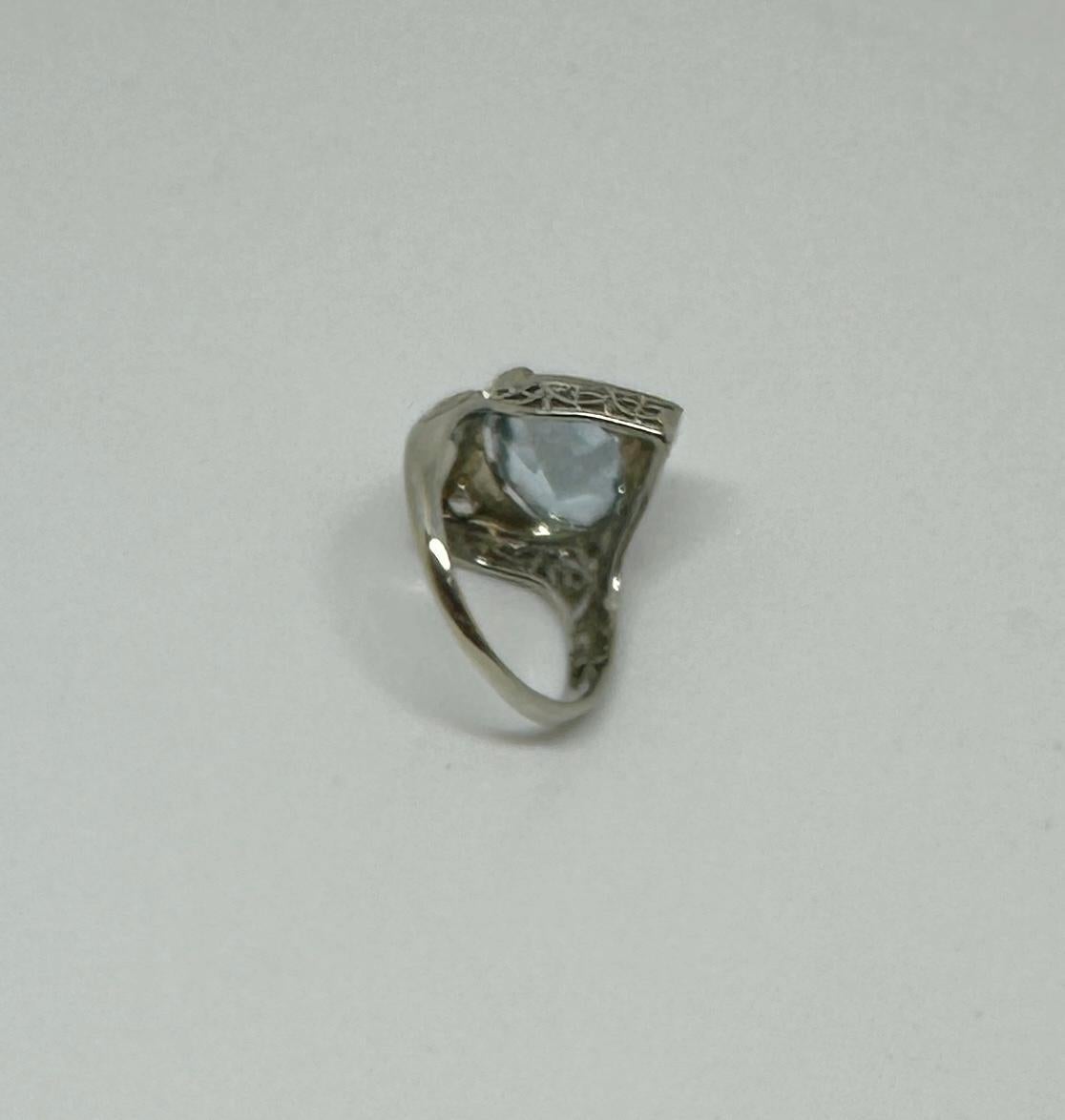 Art Deco Aquamarine Old Mine Diamond Ring 18 Karat White Gold Engagement Ring For Sale 8