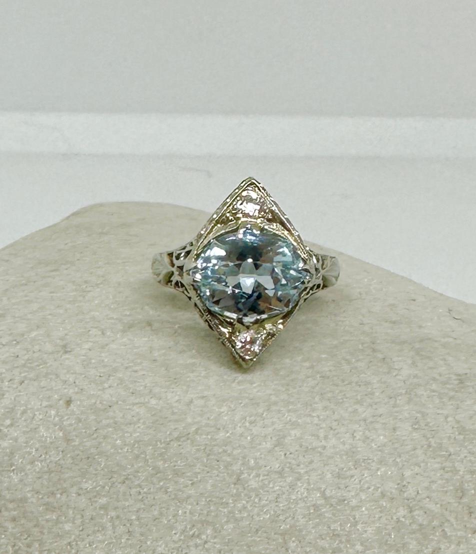 Oval Cut Art Deco Aquamarine Old Mine Diamond Ring 18 Karat White Gold Engagement Ring For Sale