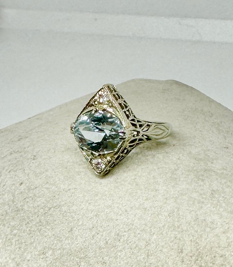 Women's Art Deco Aquamarine Old Mine Diamond Ring 18 Karat White Gold Engagement Ring For Sale