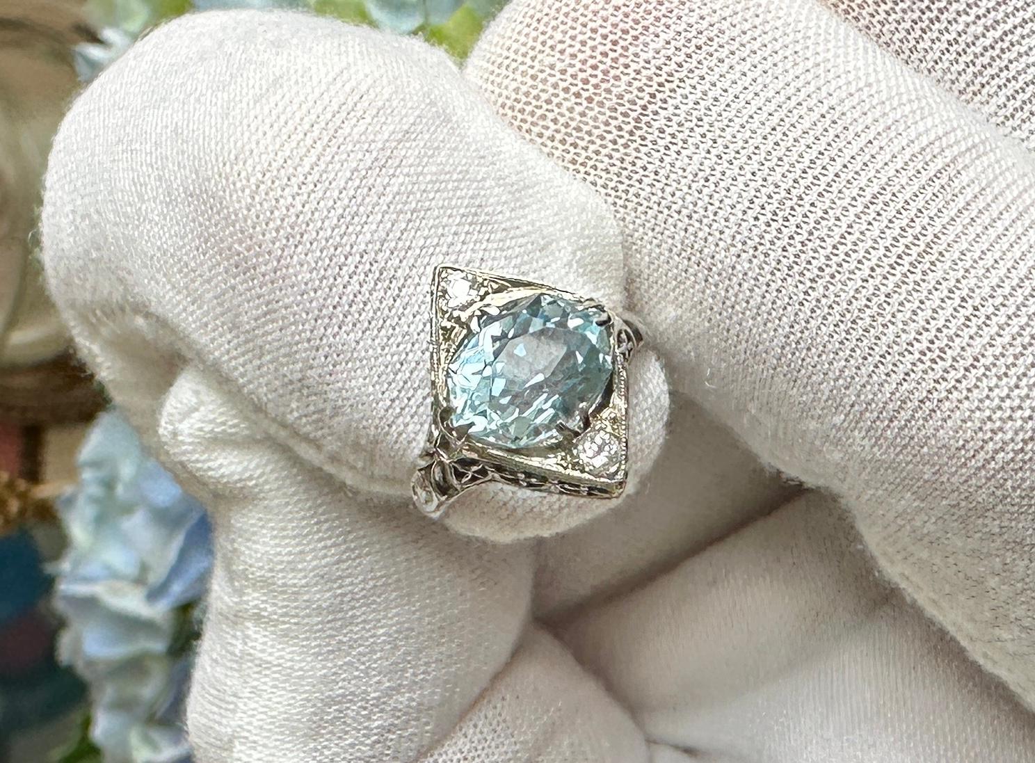 Art Deco Aquamarine Old Mine Diamond Ring 18 Karat White Gold Engagement Ring For Sale 3