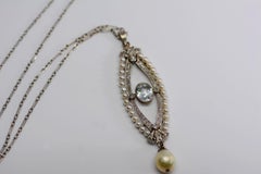 Art Deco Aquamarine, Pearl, and Diamond Platinum Pendant