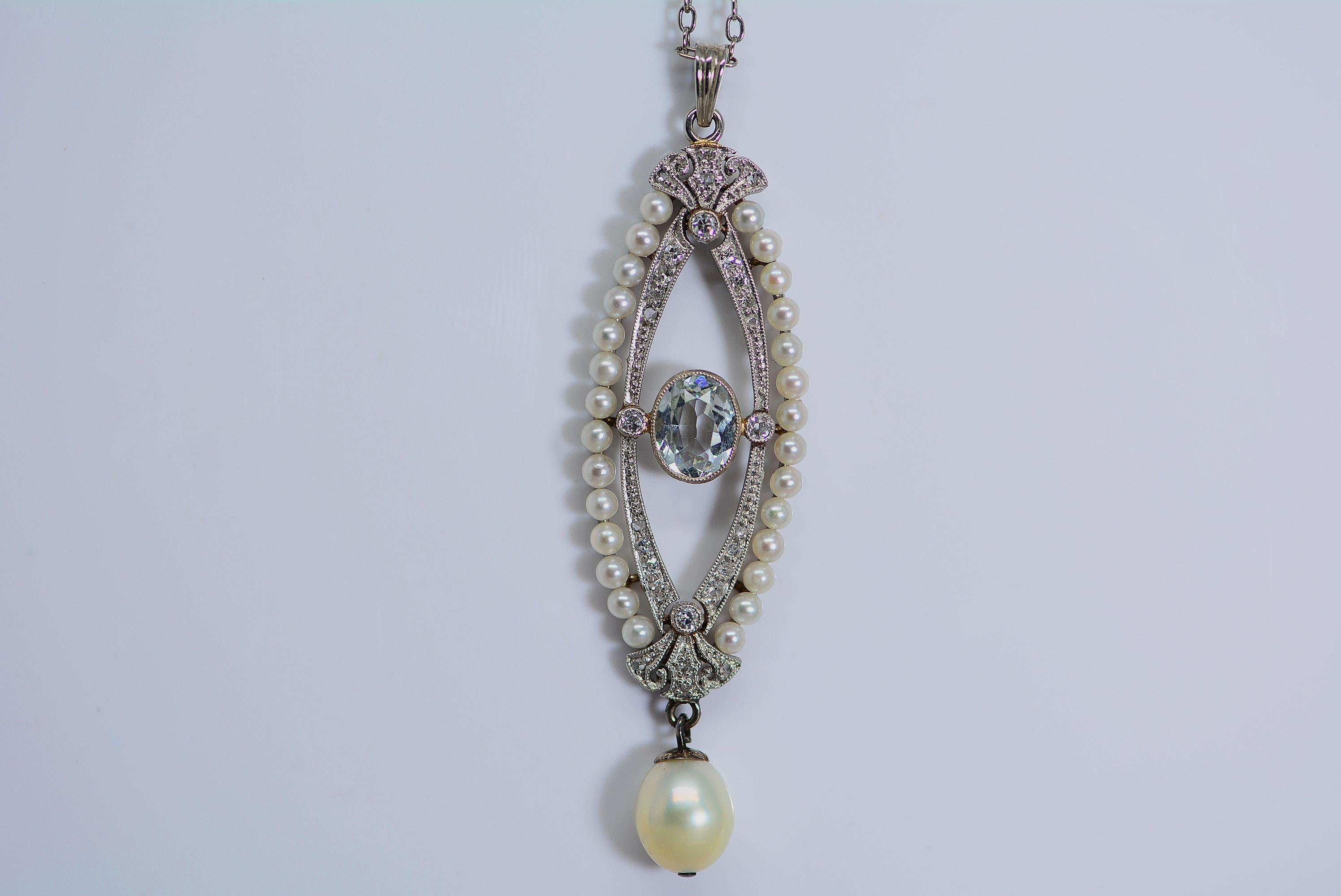 Oval Cut Art Deco Aquamarine, Pearl, and Diamond Platinum Pendant For Sale