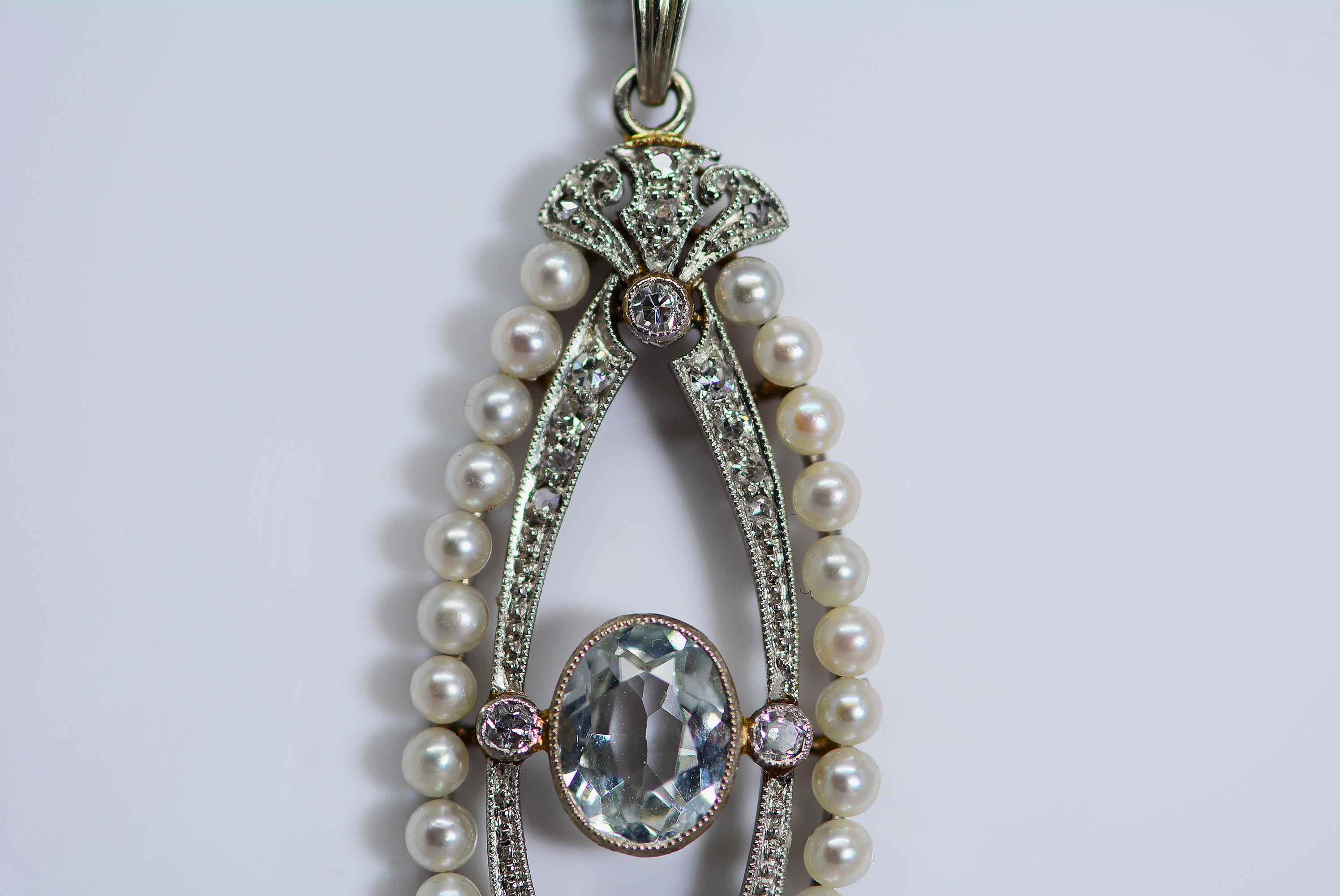 Women's Art Deco Aquamarine, Pearl, and Diamond Platinum Pendant For Sale