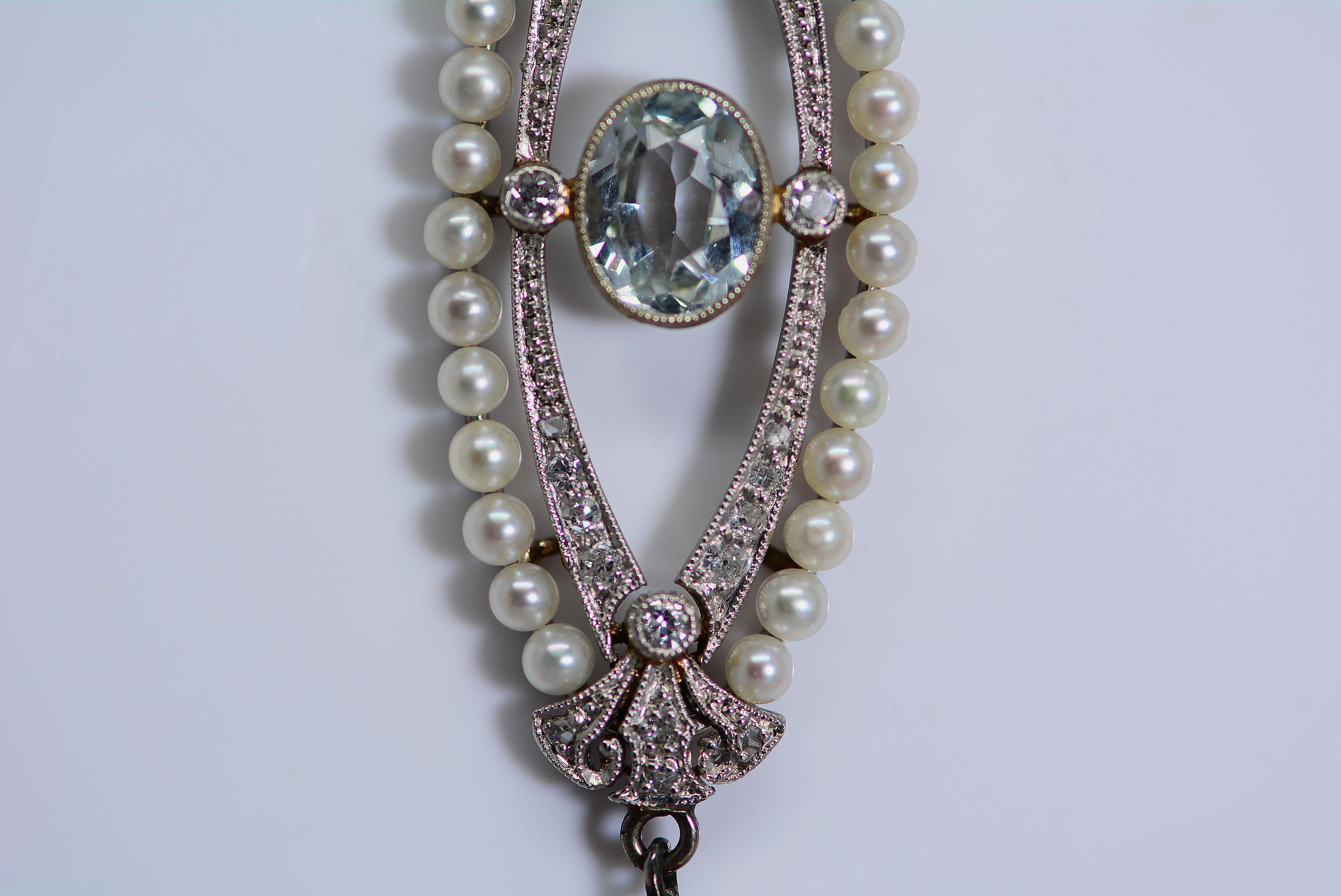 Art Deco Aquamarine, Pearl, and Diamond Platinum Pendant For Sale 1