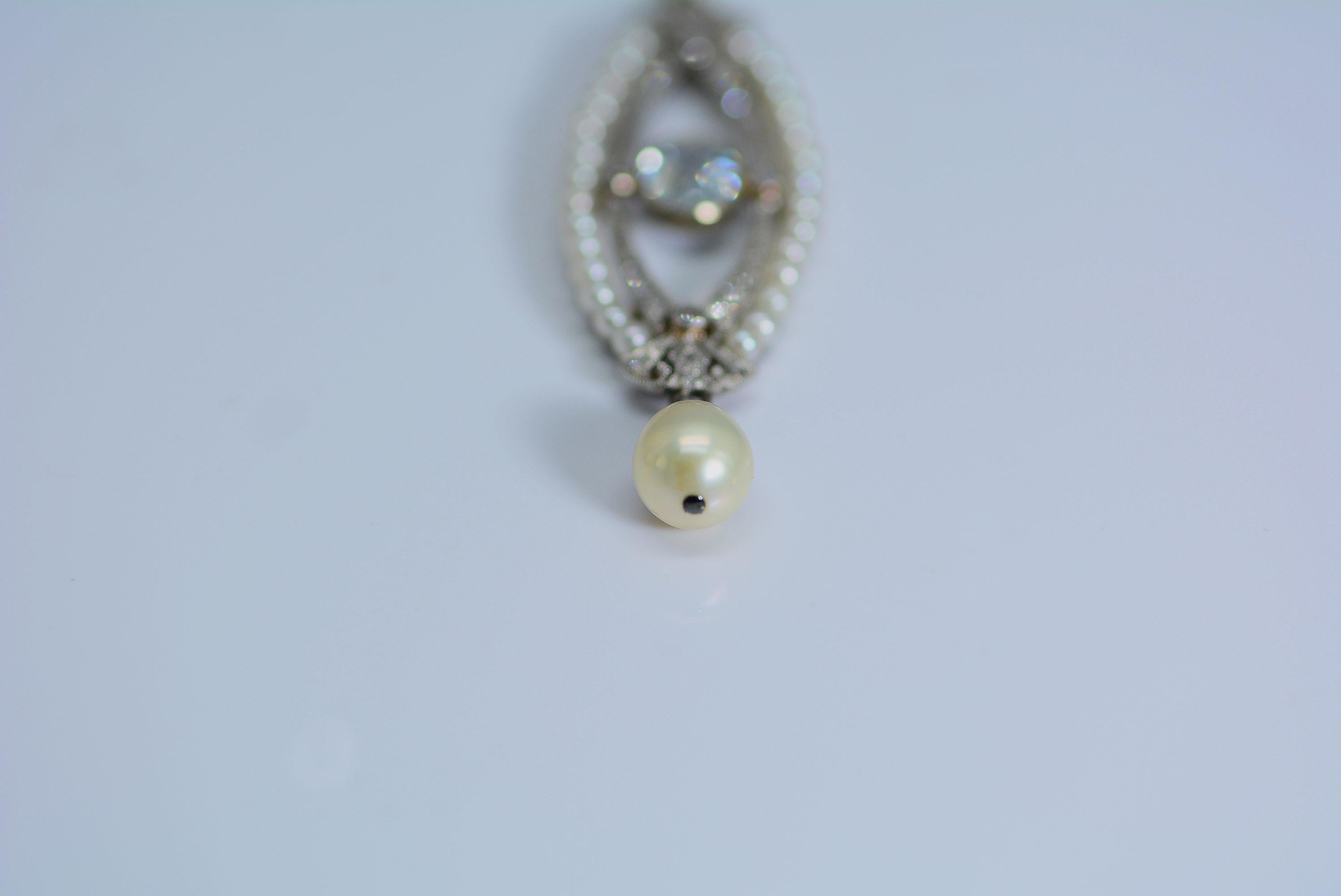 Art Deco Aquamarine, Pearl, and Diamond Platinum Pendant For Sale 3