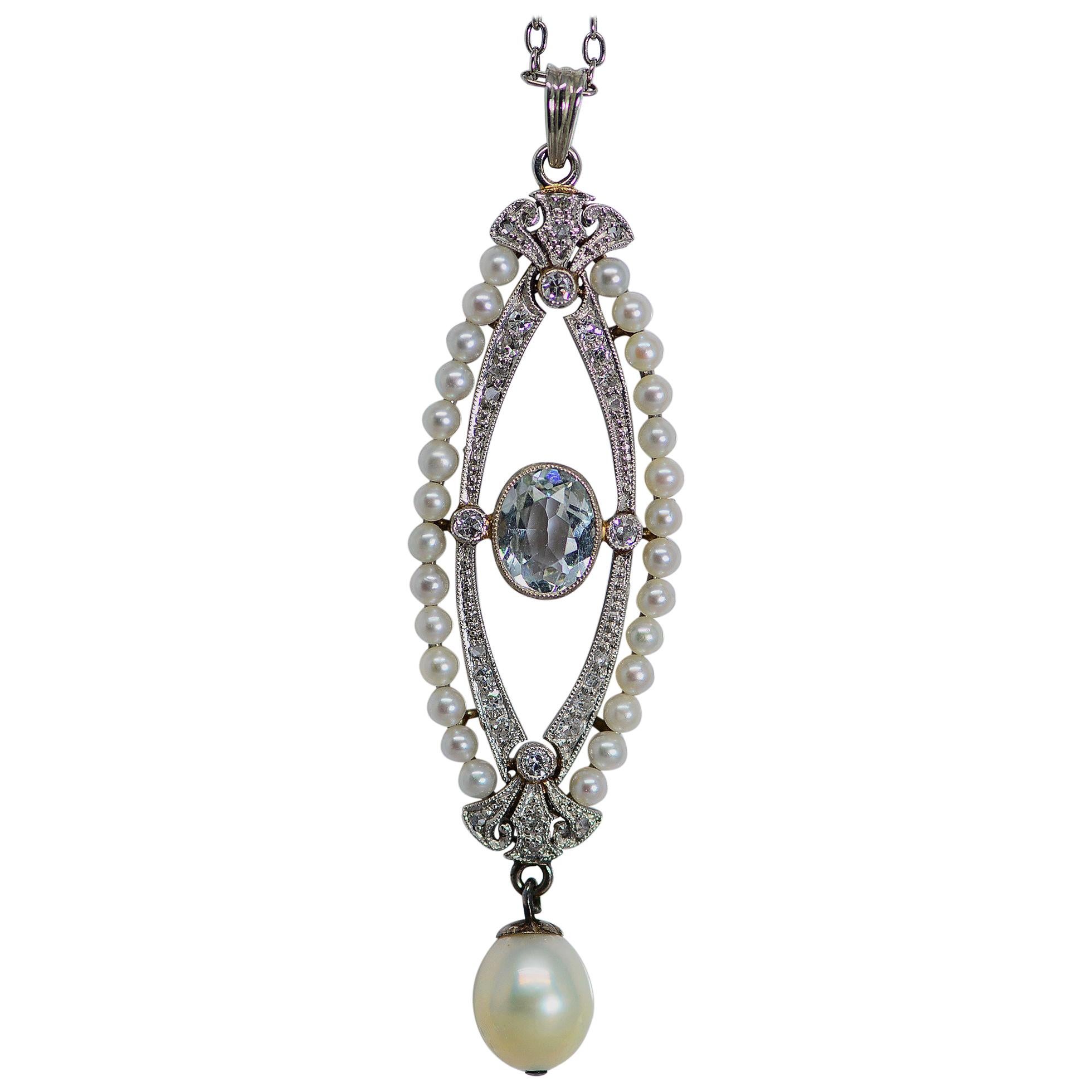Art Deco Aquamarine, Pearl, and Diamond Platinum Pendant For Sale