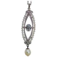 Art Deco Aquamarine, Pearl, and Diamond Platinum Pendant