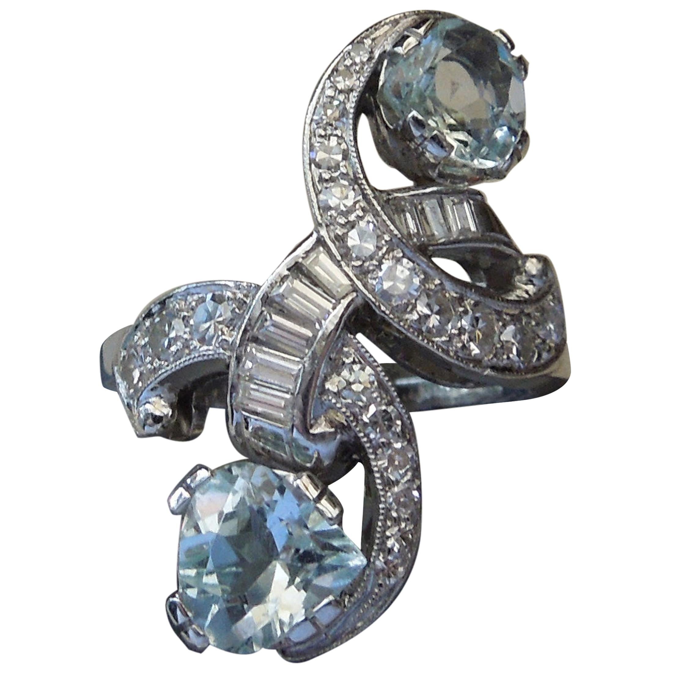 Art Deco Aquamarine Platinum Bypass Ring
