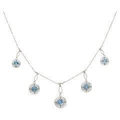 Art Deco Aquamarine Platinum Vintage Geometric Fringe Station Necklace