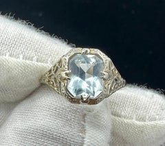 Art Deco Aquamarine Ring 14 Karat White Gold Engagement Wedding Ring Filigree