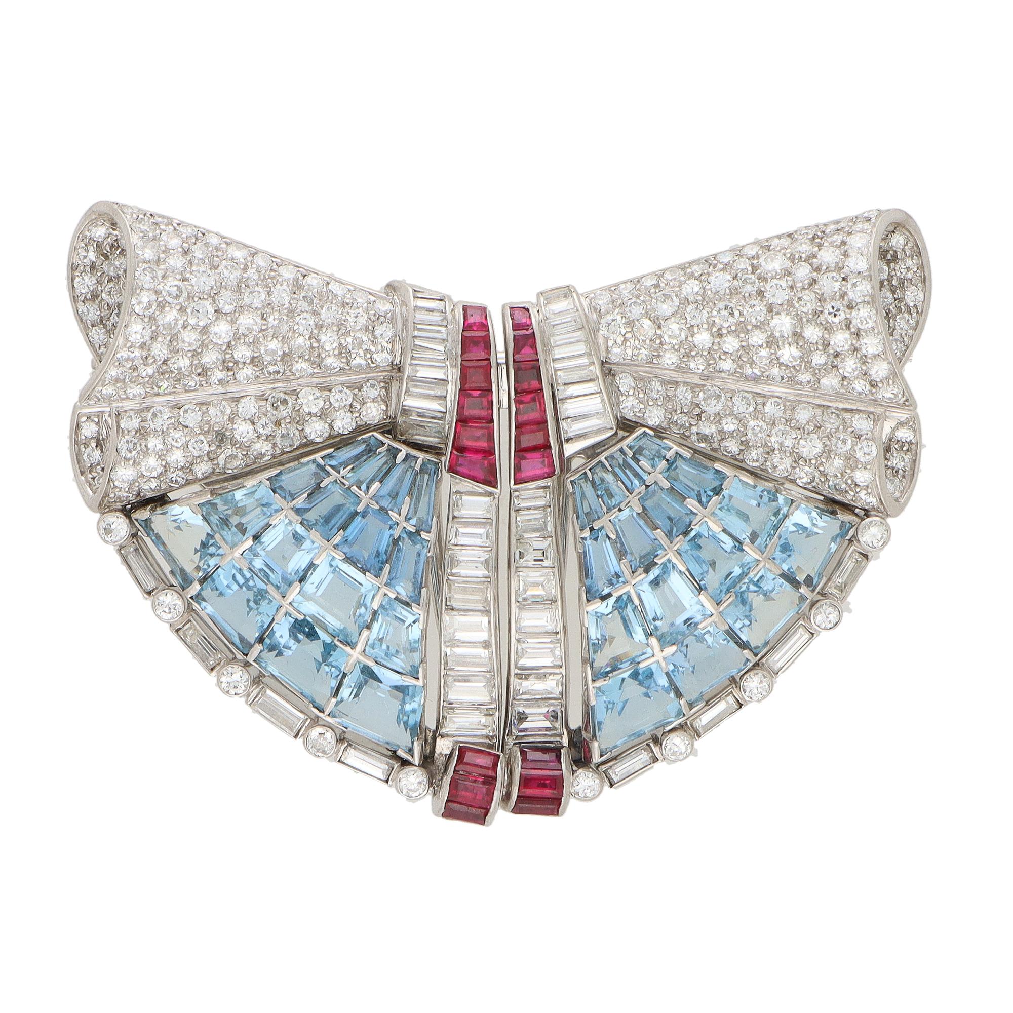 Round Cut  Art Deco Aquamarine, Ruby and Diamond Double Clip Brooch in Platinum For Sale