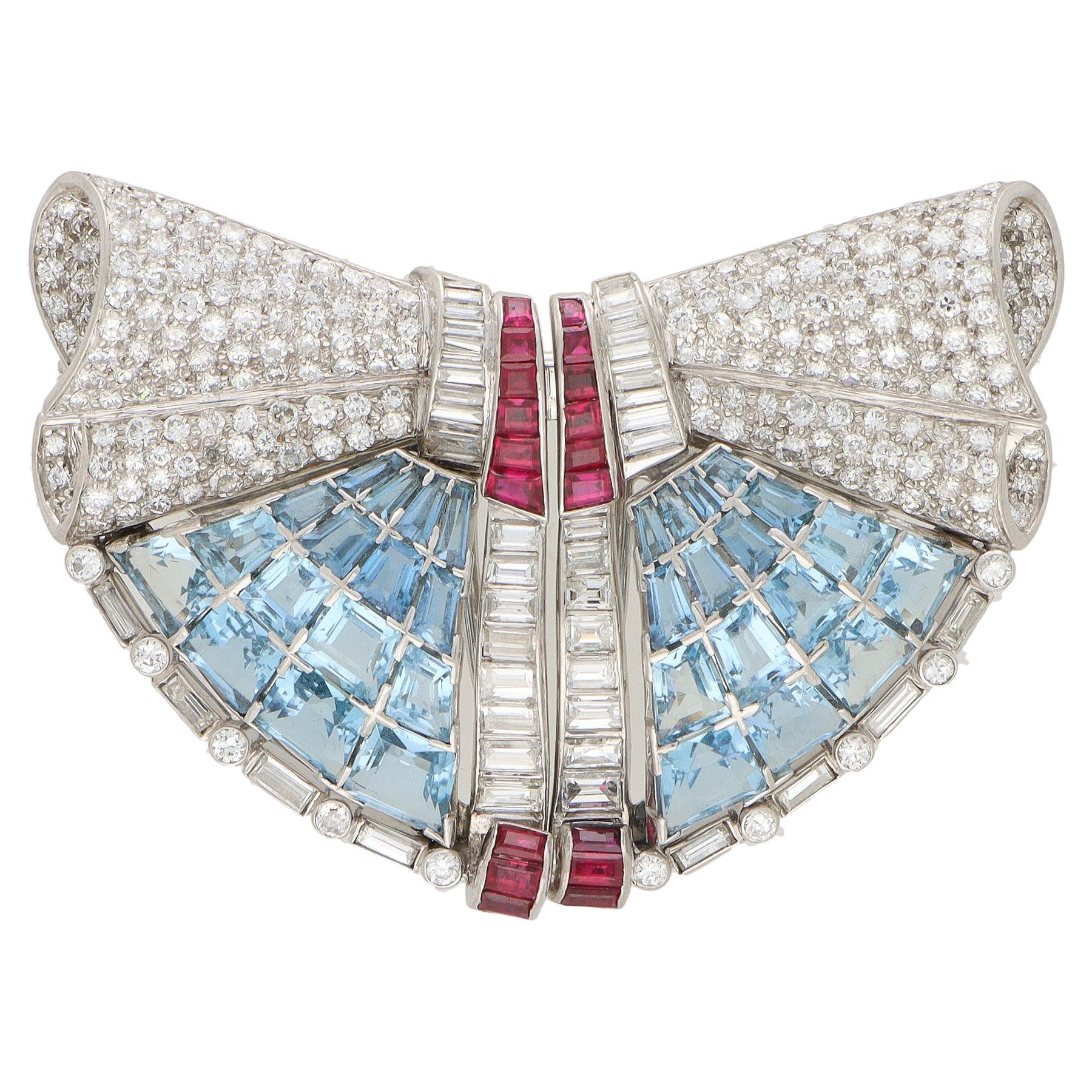  Art Deco Aquamarine, Ruby and Diamond Double Clip Brooch in Platinum