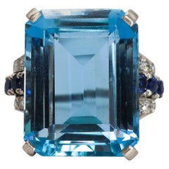 Art Deco Aquamarine, Sapphire, Diamond and Platinum Ring, Circa 1935