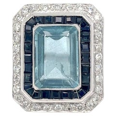 Art Deco Aquamarine Sapphire Diamond Ring 18k Gold, 1930s