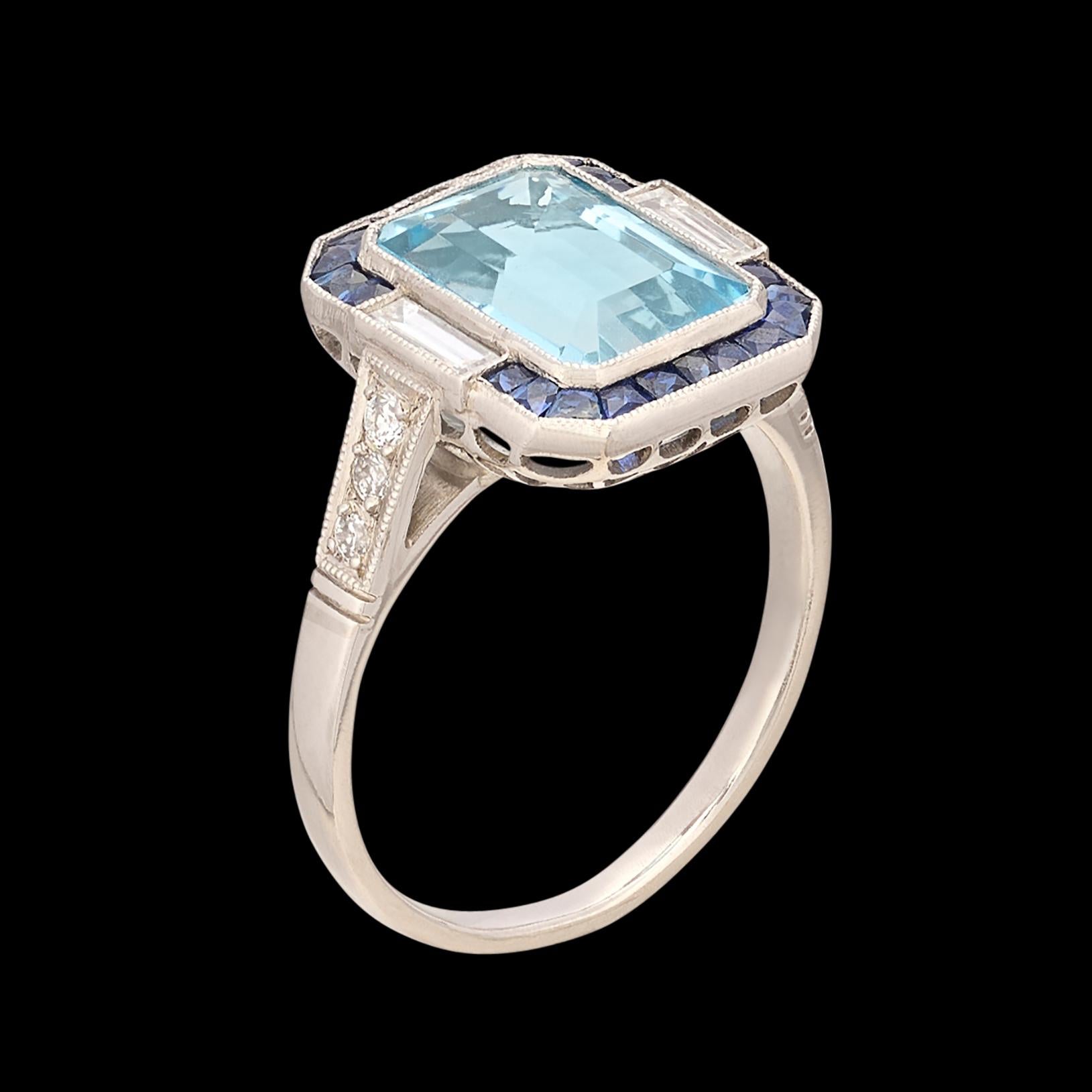 Emerald Cut Art Deco Aquamarine, Sapphire & Diamond Ring For Sale