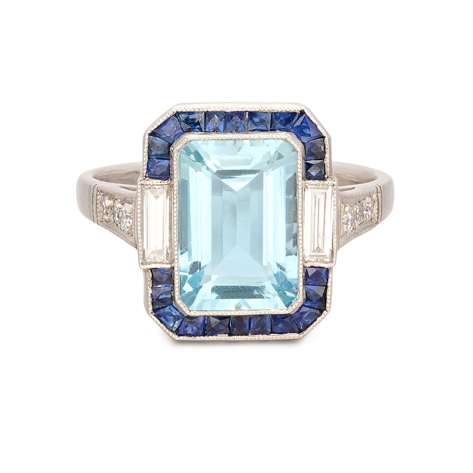 Women's Art Deco Aquamarine, Sapphire & Diamond Ring For Sale
