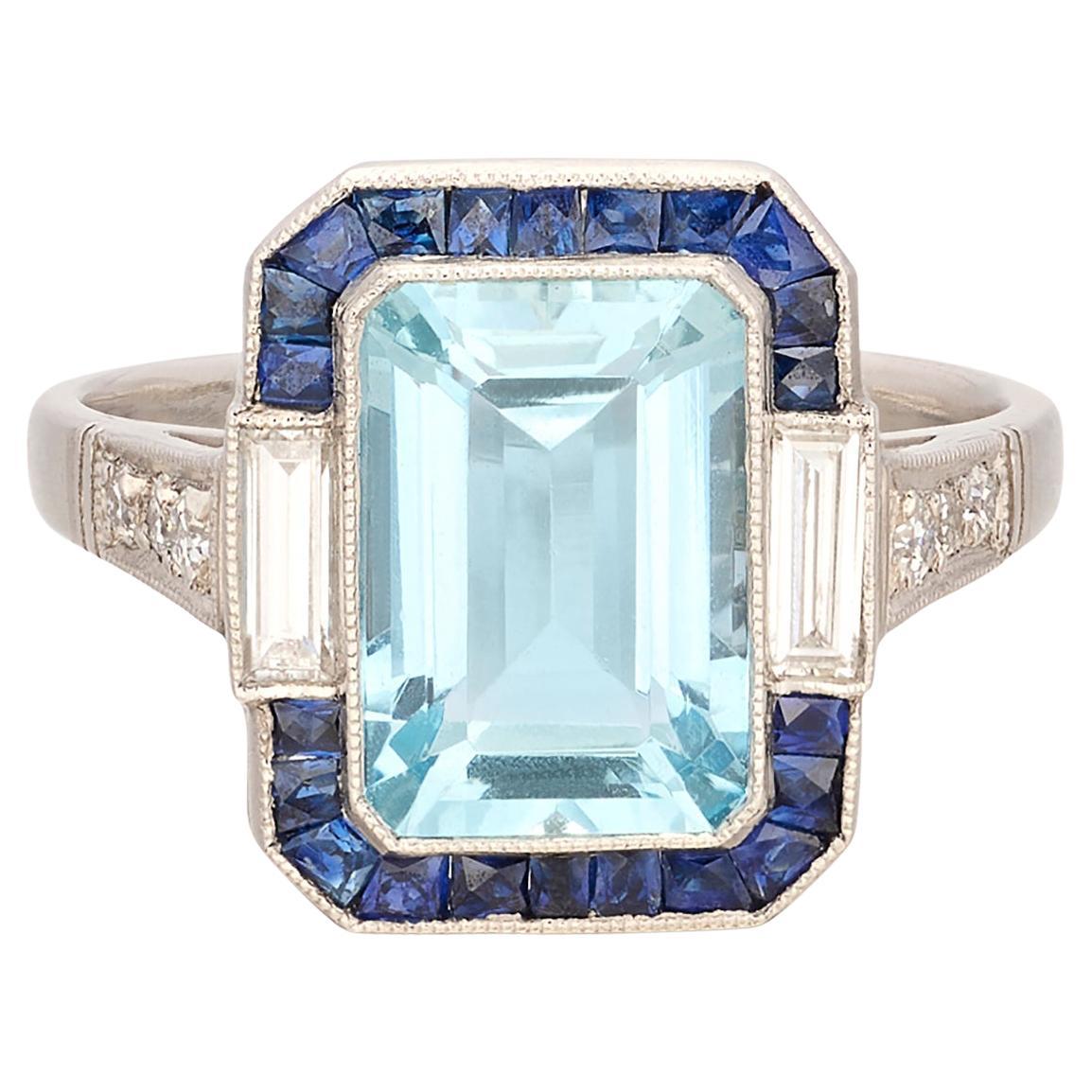Anillo Art Decó Aguamarina, Zafiro y Diamante