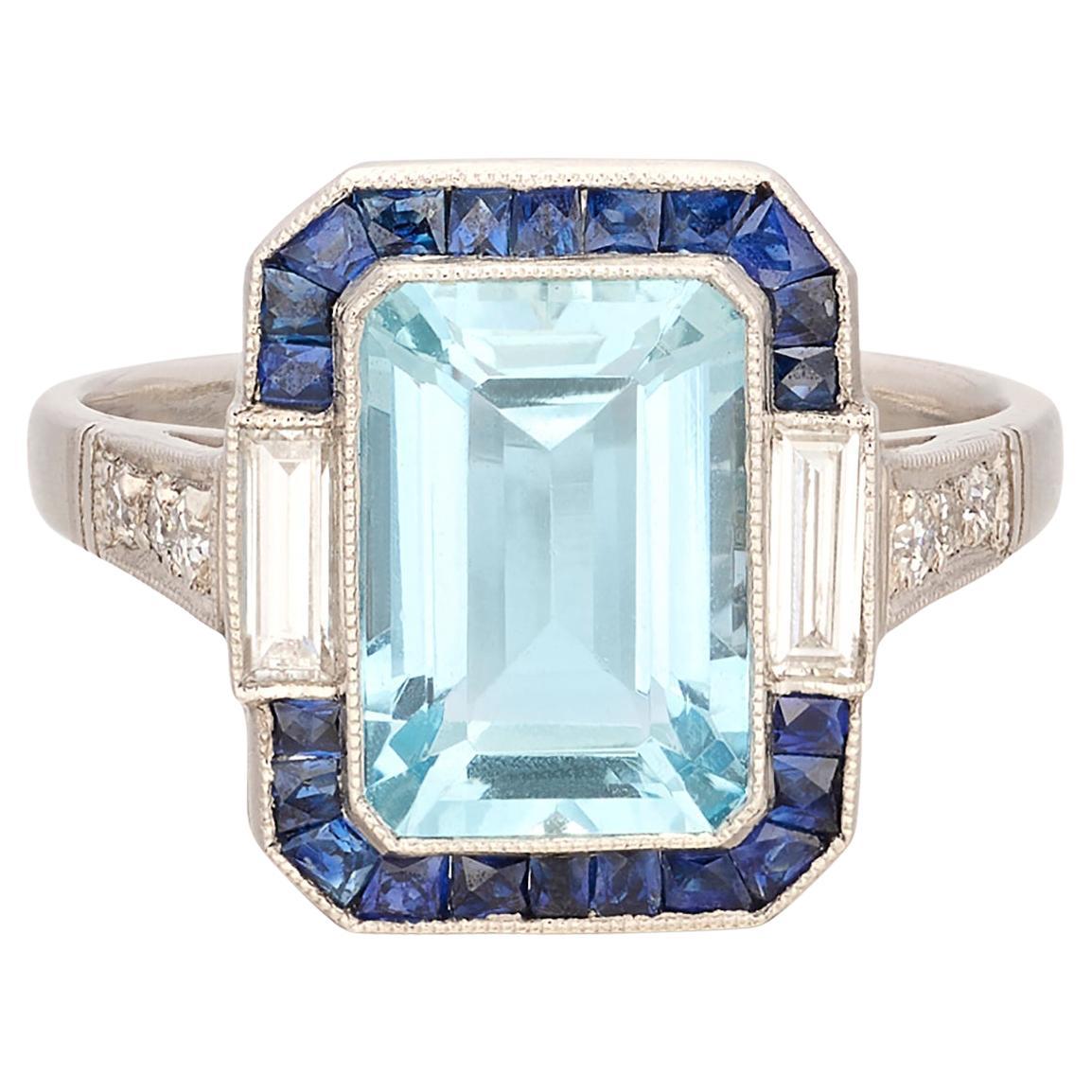 Art Deco Aquamarine, Sapphire & Diamond Ring For Sale