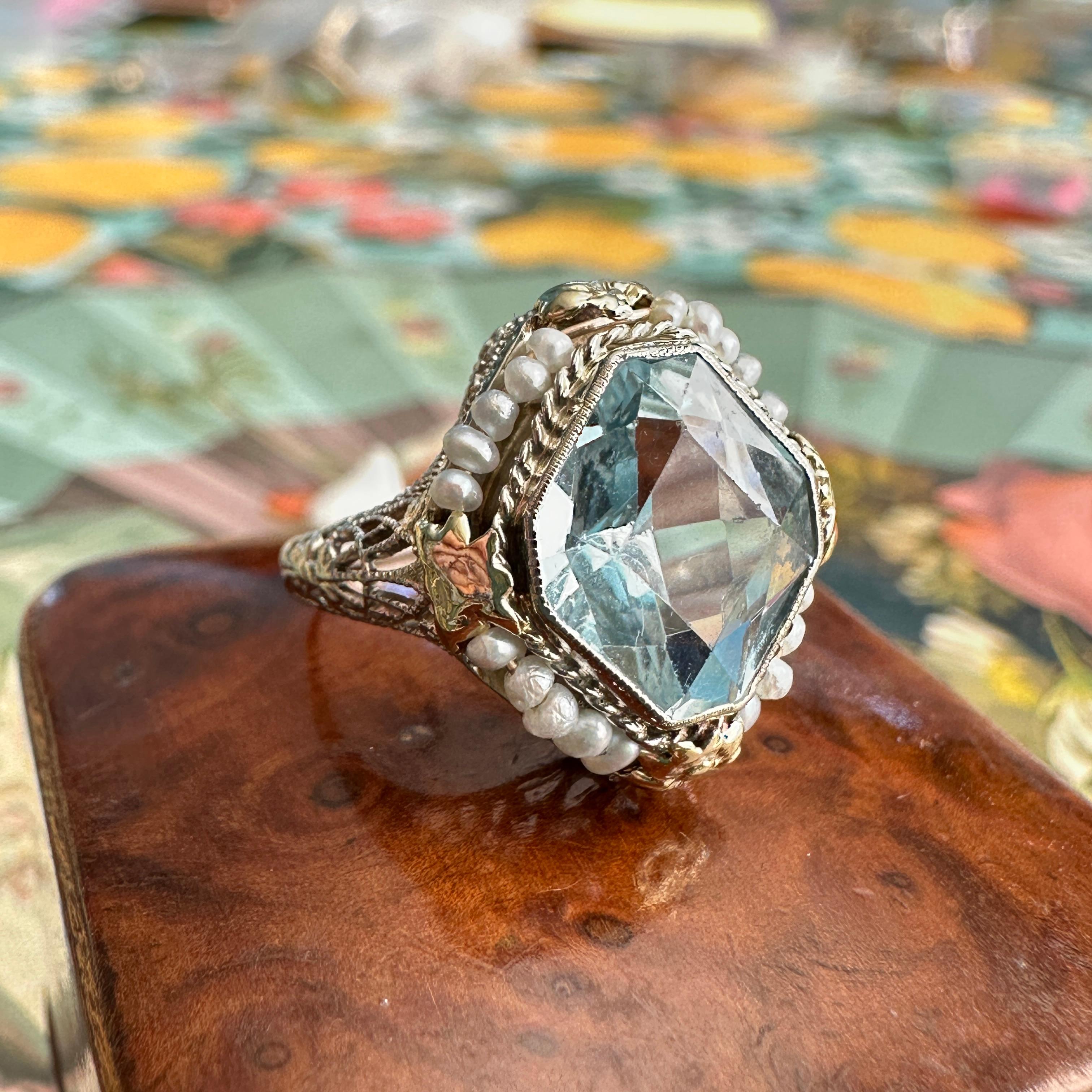 Art Deco Aquamarine Seed Pearl 14K Filigree Ring 4