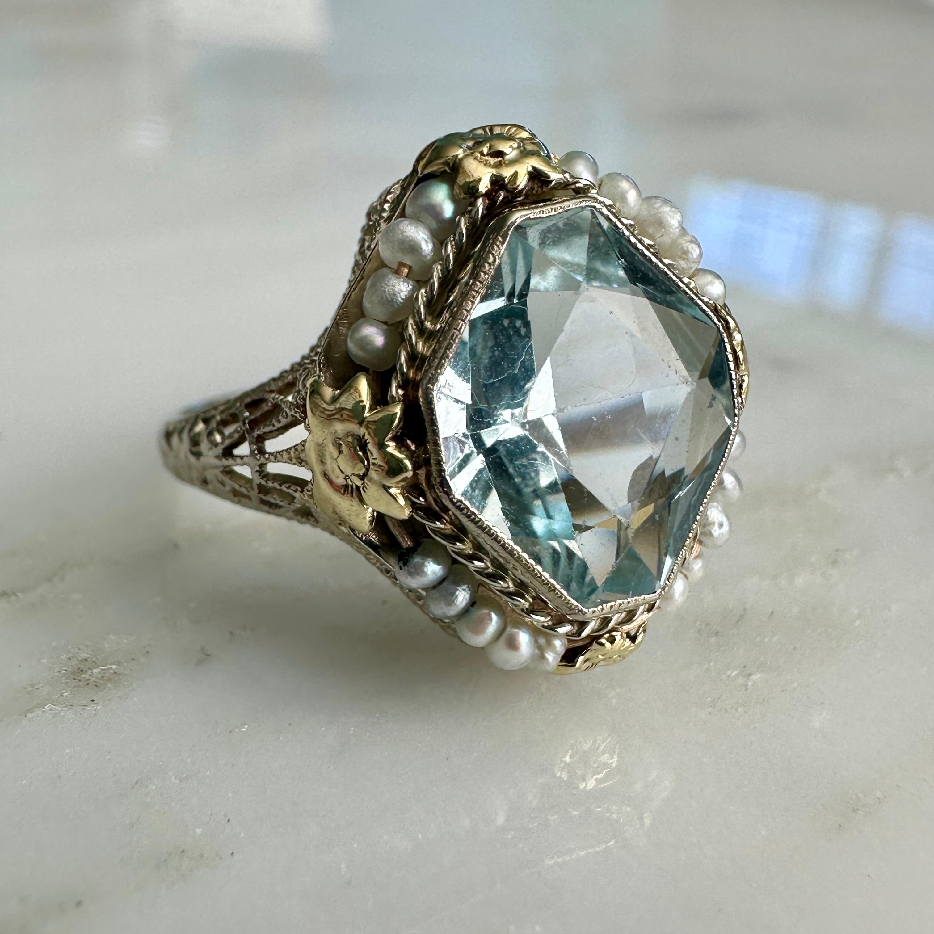 Art Deco Aquamarine Seed Pearl 14K Filigree Ring 5