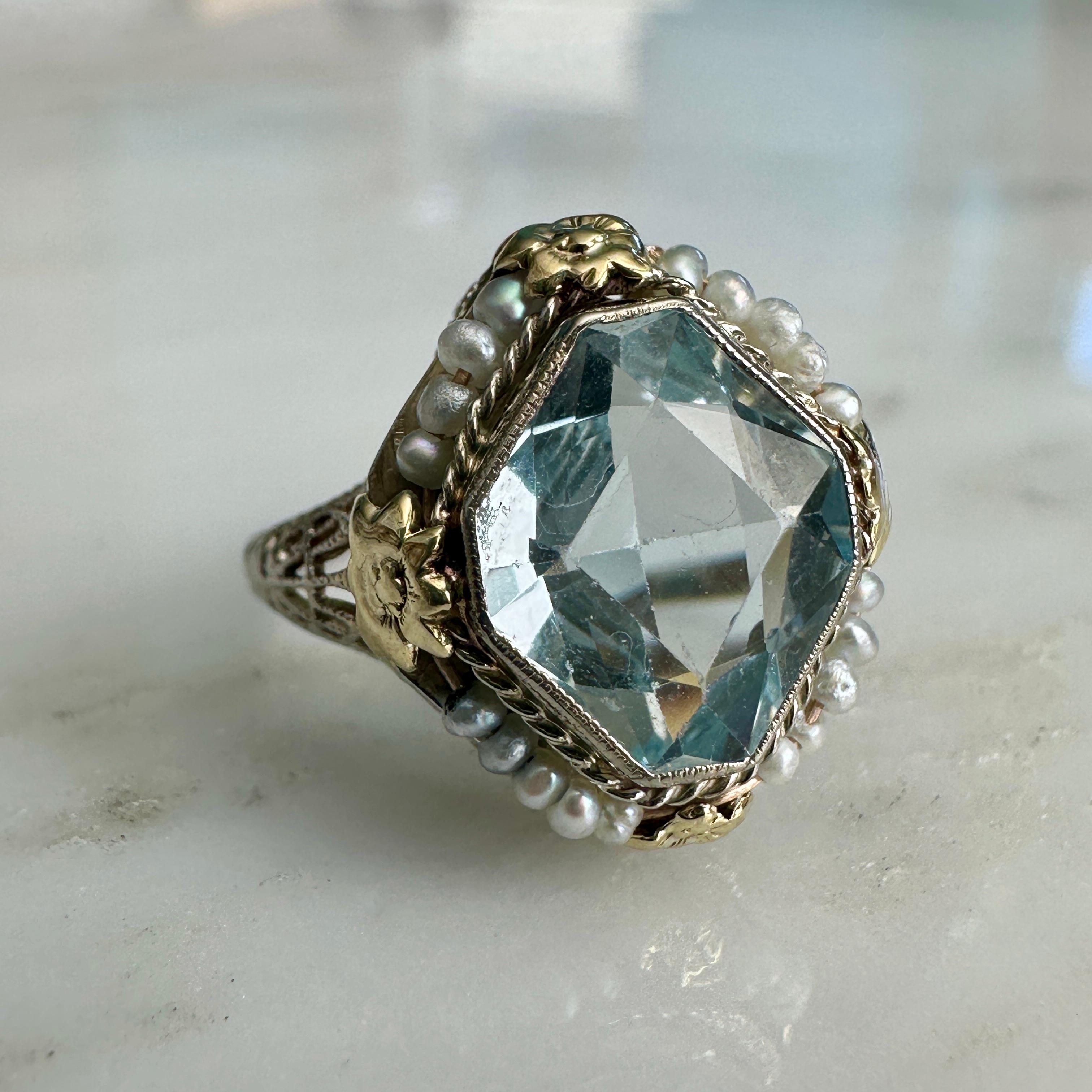 Art Deco Aquamarine Seed Pearl 14K Filigree Ring 6