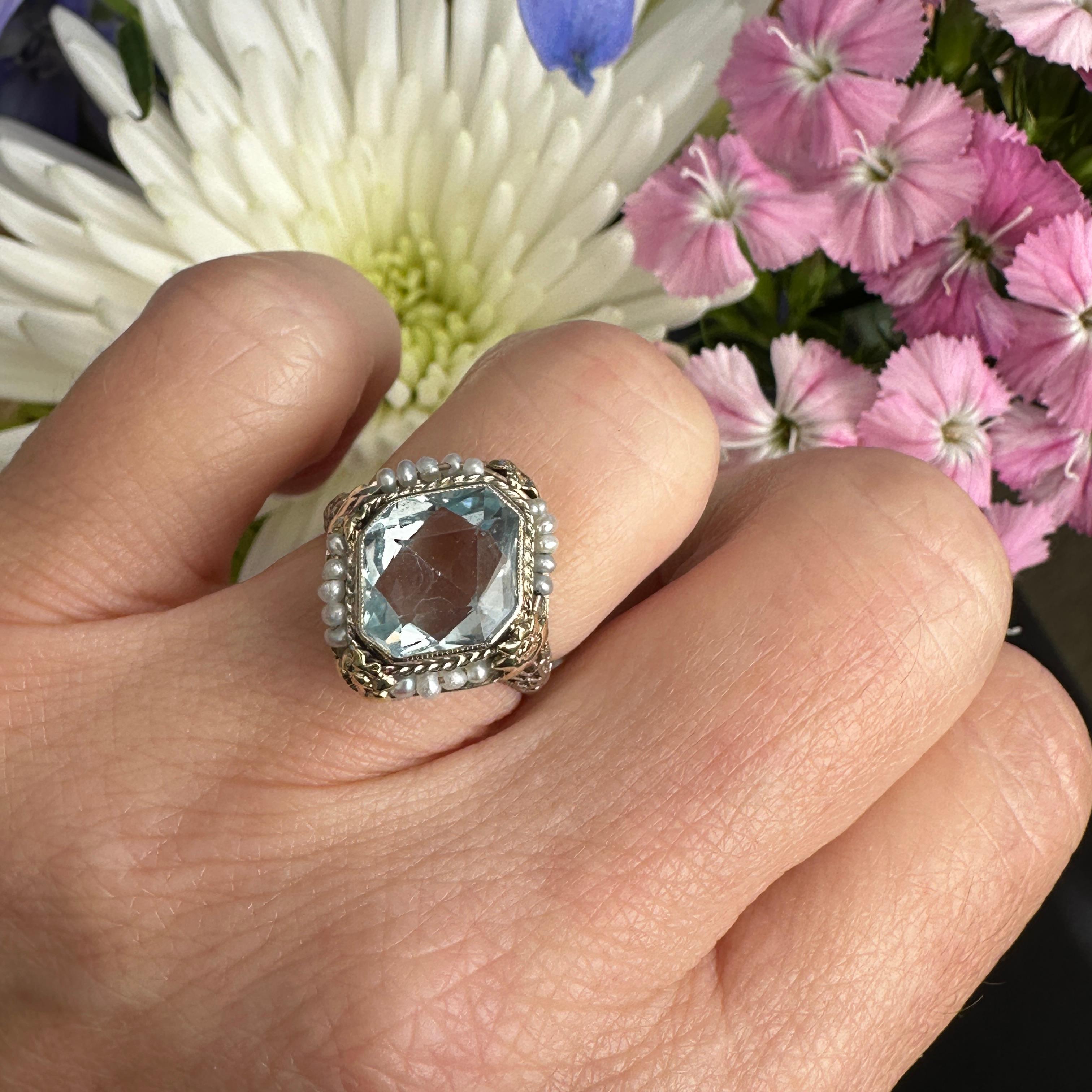Art Deco Aquamarine Seed Pearl 14K Filigree Ring 7