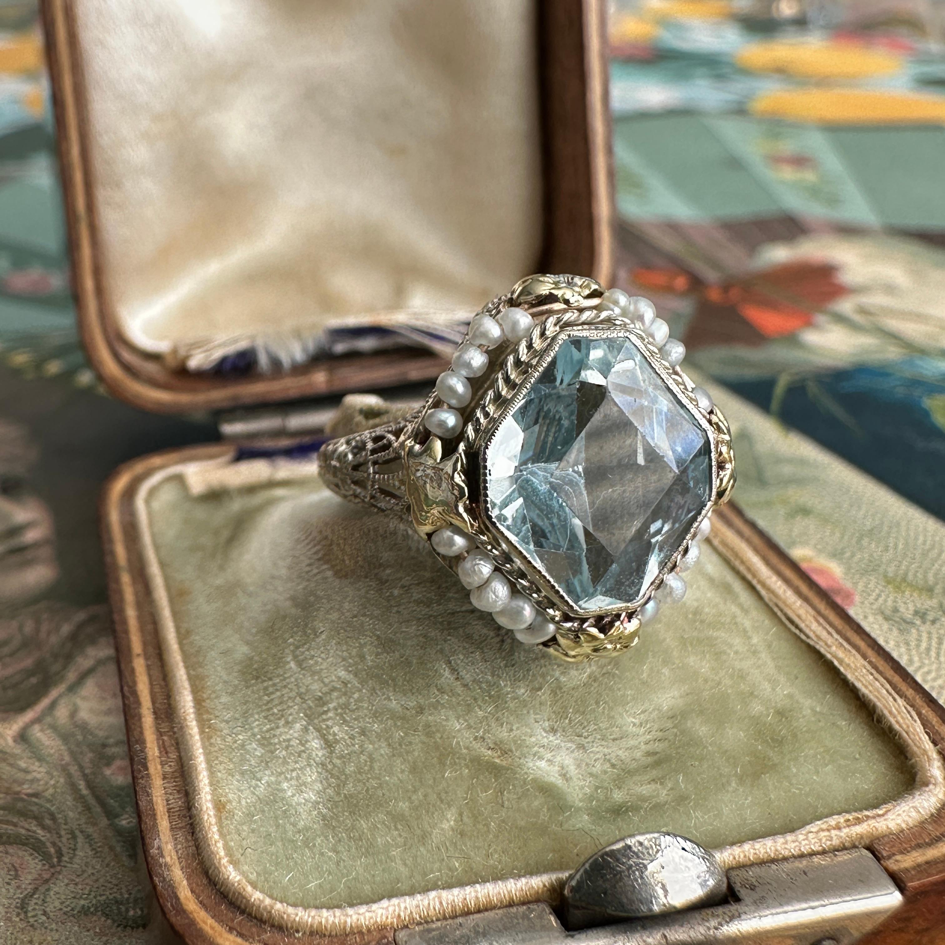 Art Deco Aquamarine Seed Pearl 14K Filigree Ring 8