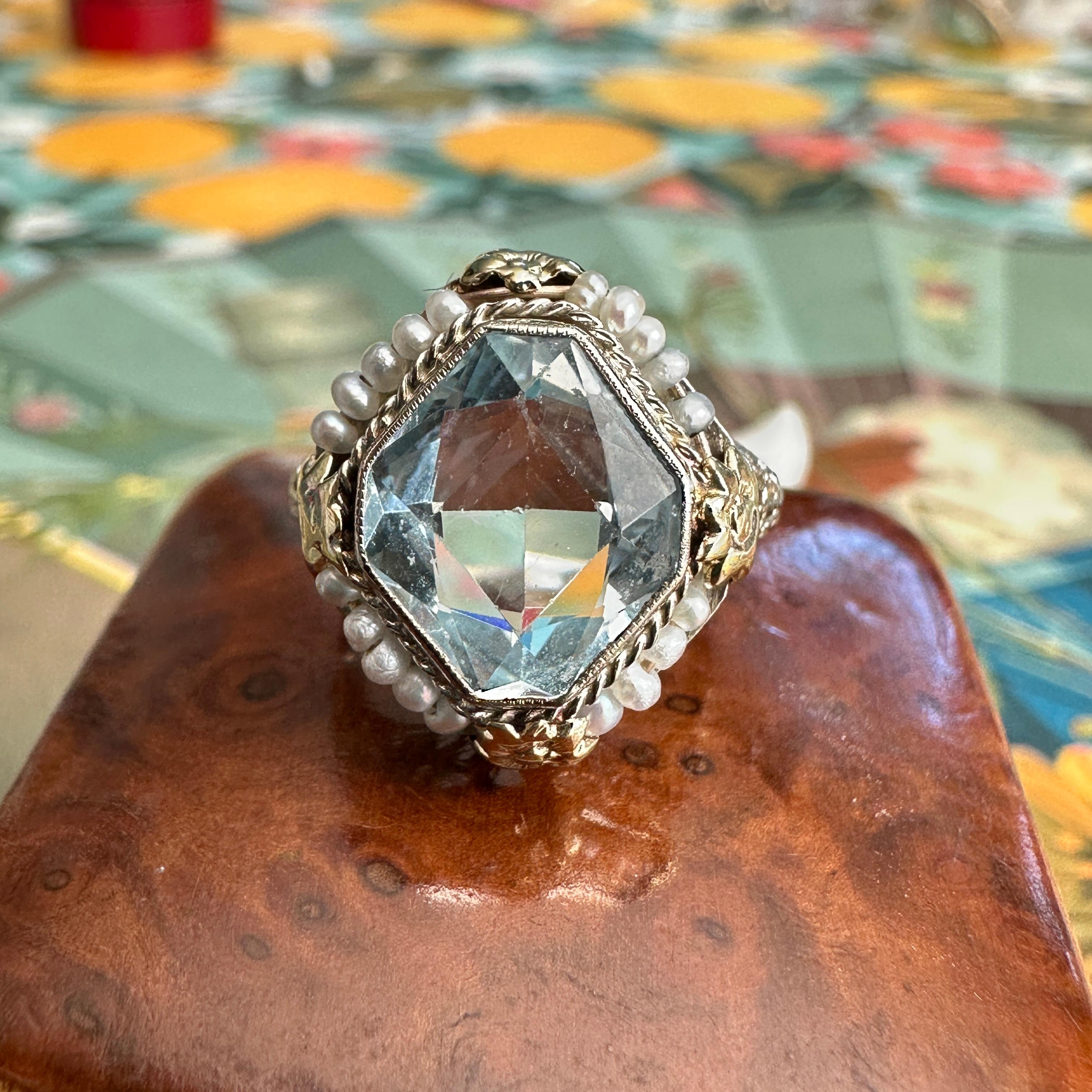 Art Deco Aquamarine Seed Pearl 14K Filigree Ring 9