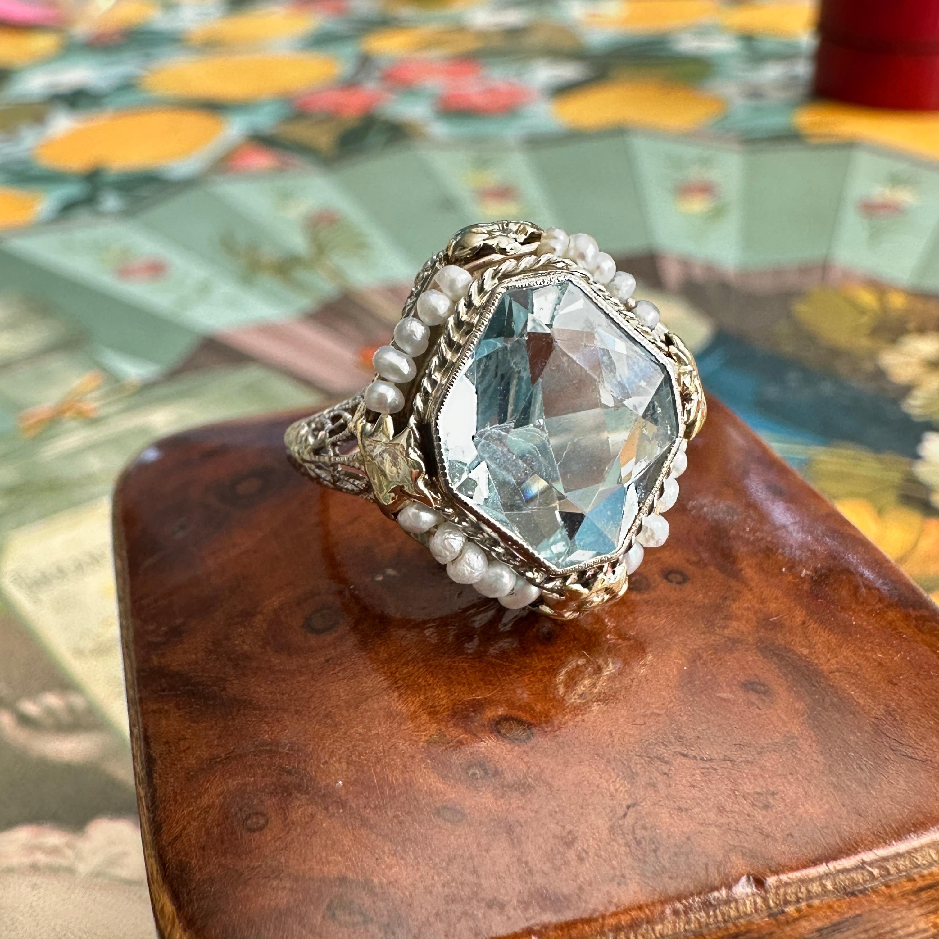 Art Deco Aquamarine Seed Pearl 14K Filigree Ring 10