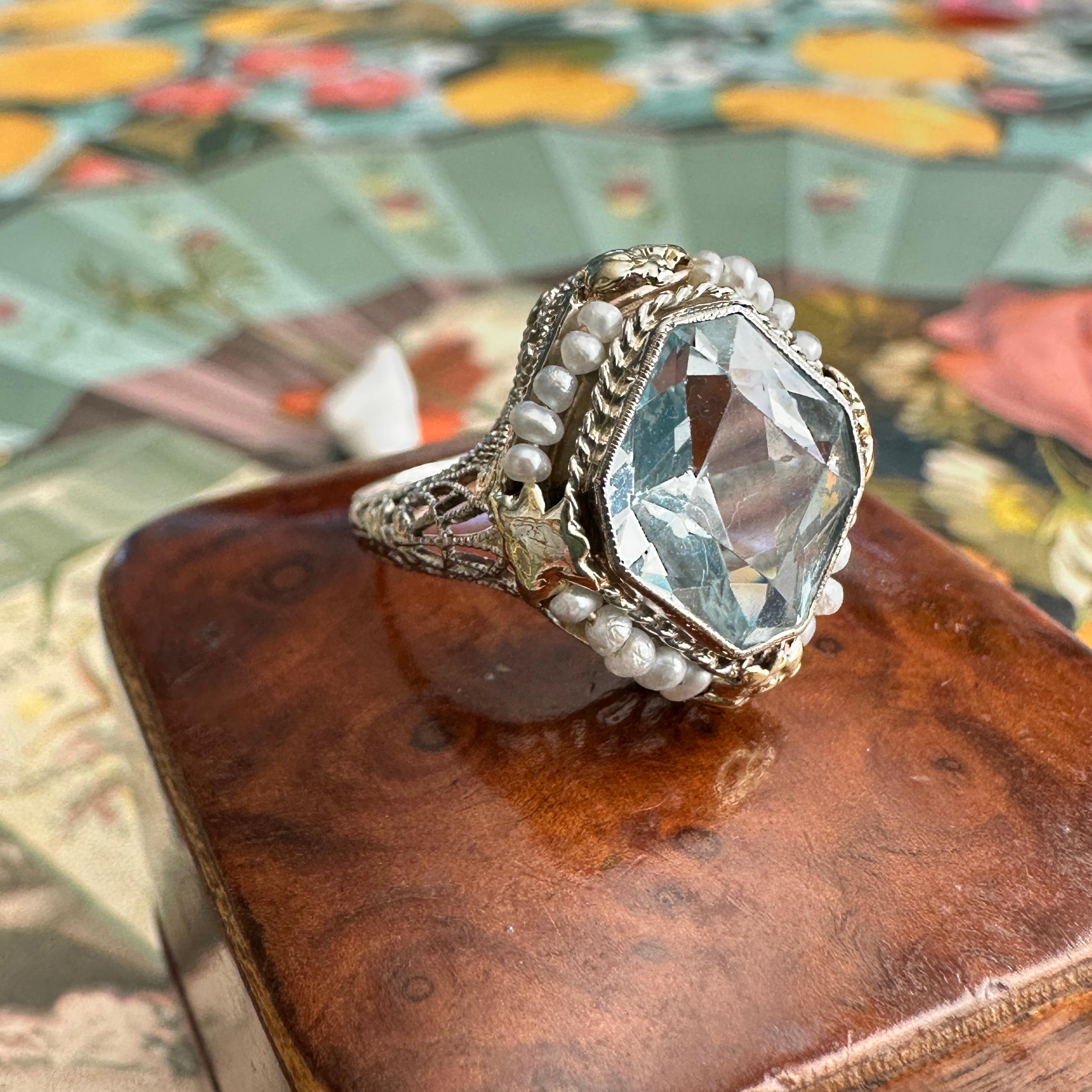 Art Deco Aquamarine Seed Pearl 14K Filigree Ring 11