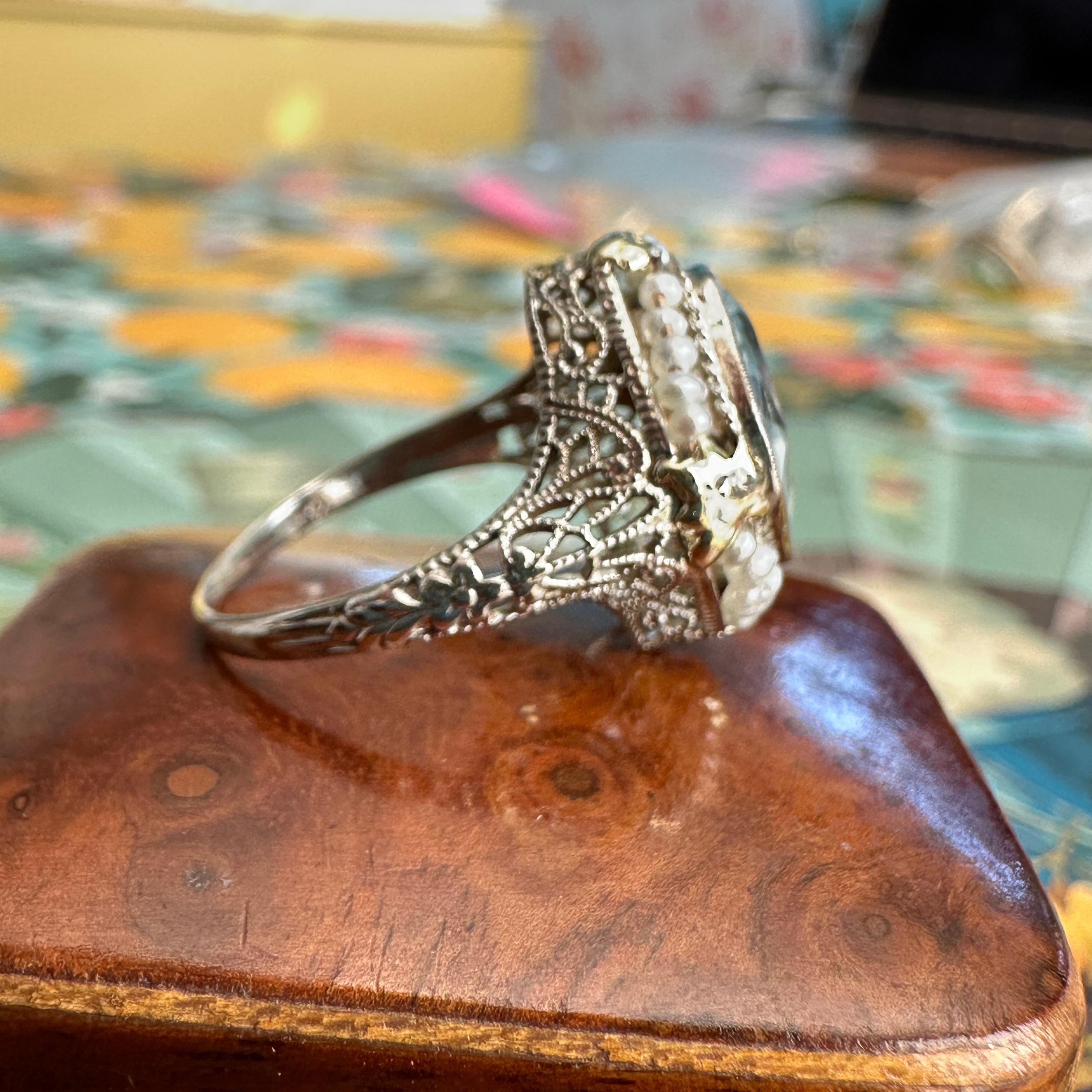 Art Deco Aquamarine Seed Pearl 14K Filigree Ring 12