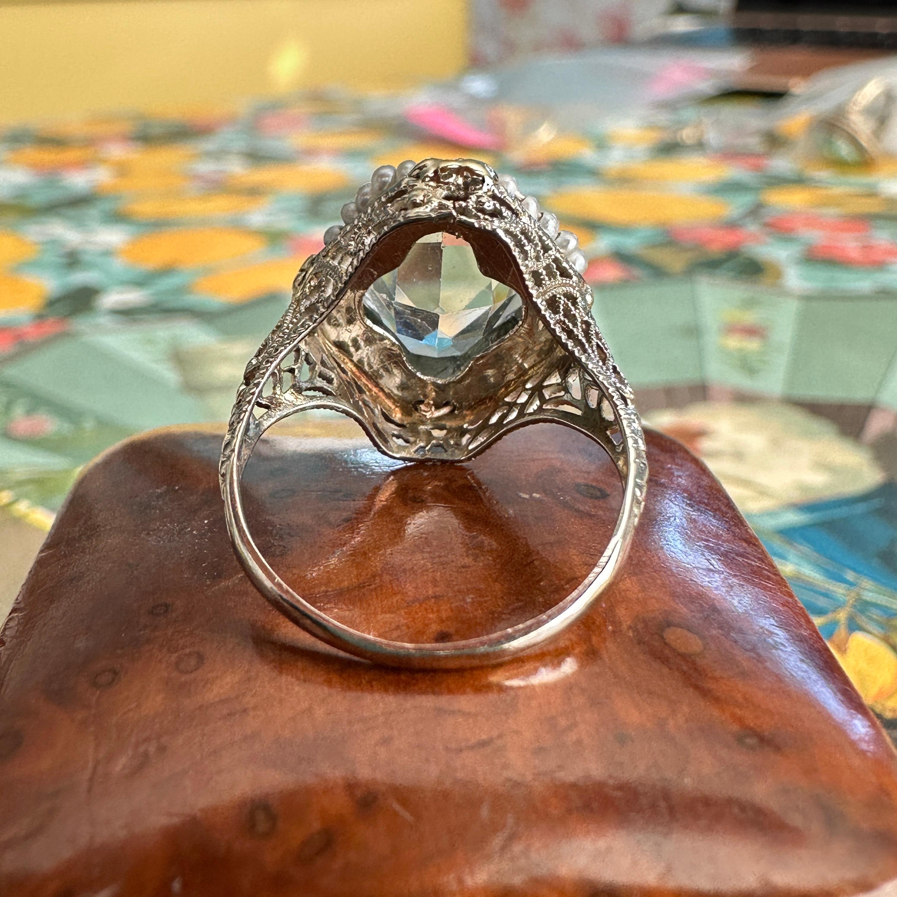 Art Deco Aquamarine Seed Pearl 14K Filigree Ring 13