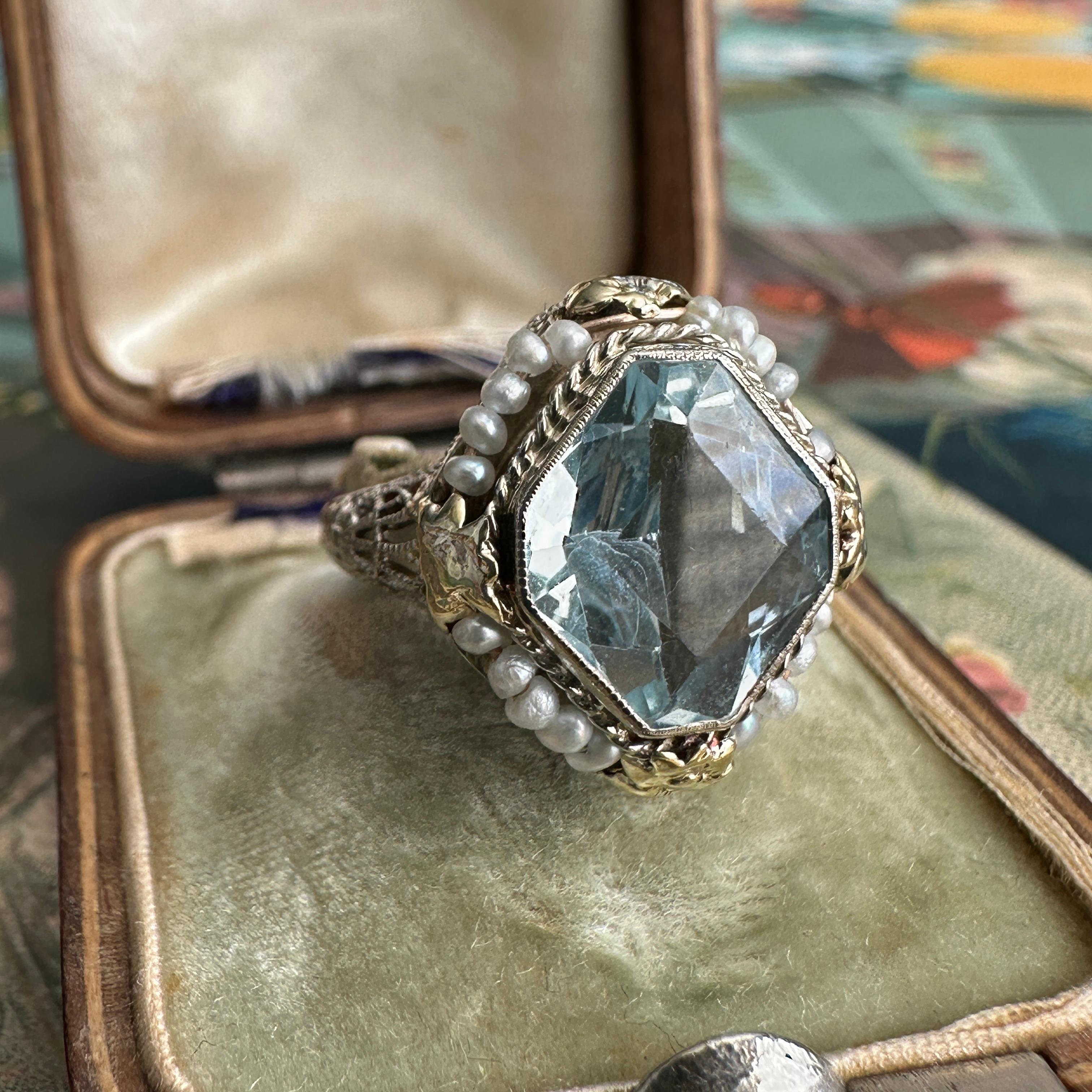 Edwardian Art Deco Aquamarine Seed Pearl 14K Filigree Ring