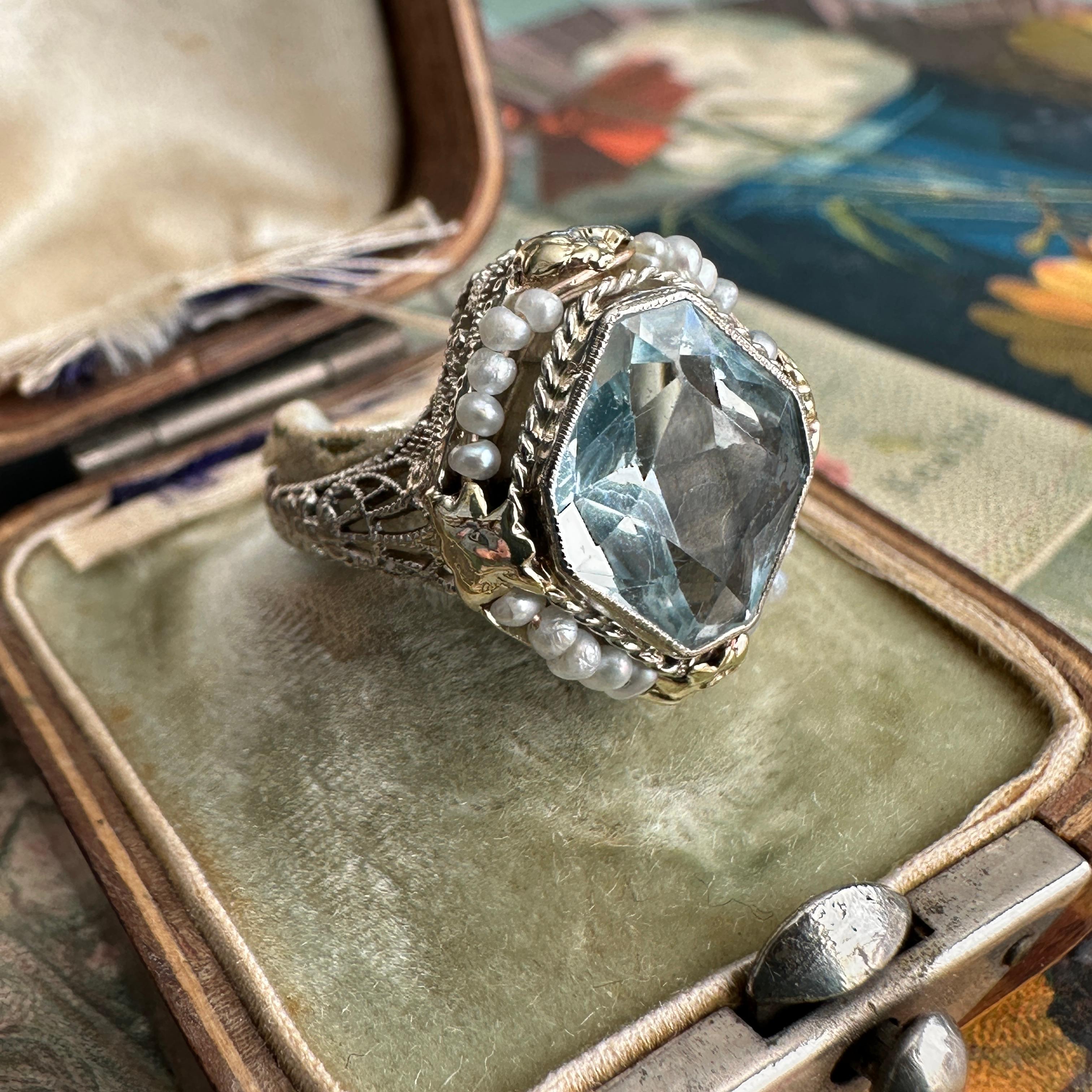 Oval Cut Art Deco Aquamarine Seed Pearl 14K Filigree Ring