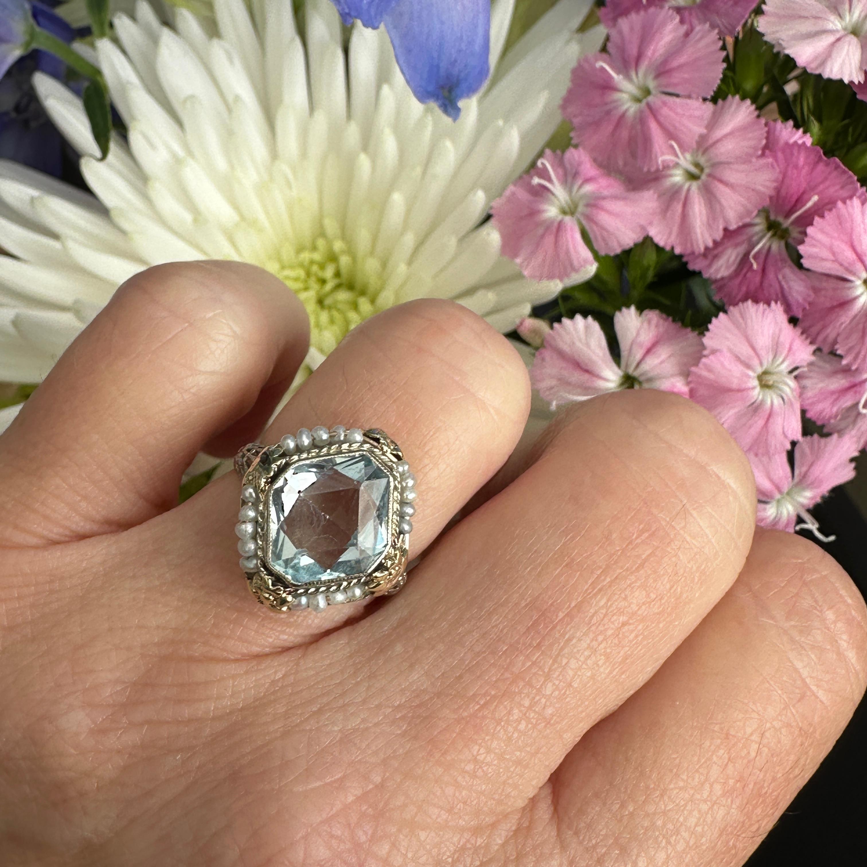 Art Deco Aquamarine Seed Pearl 14K Filigree Ring In Good Condition In Scotts Valley, CA