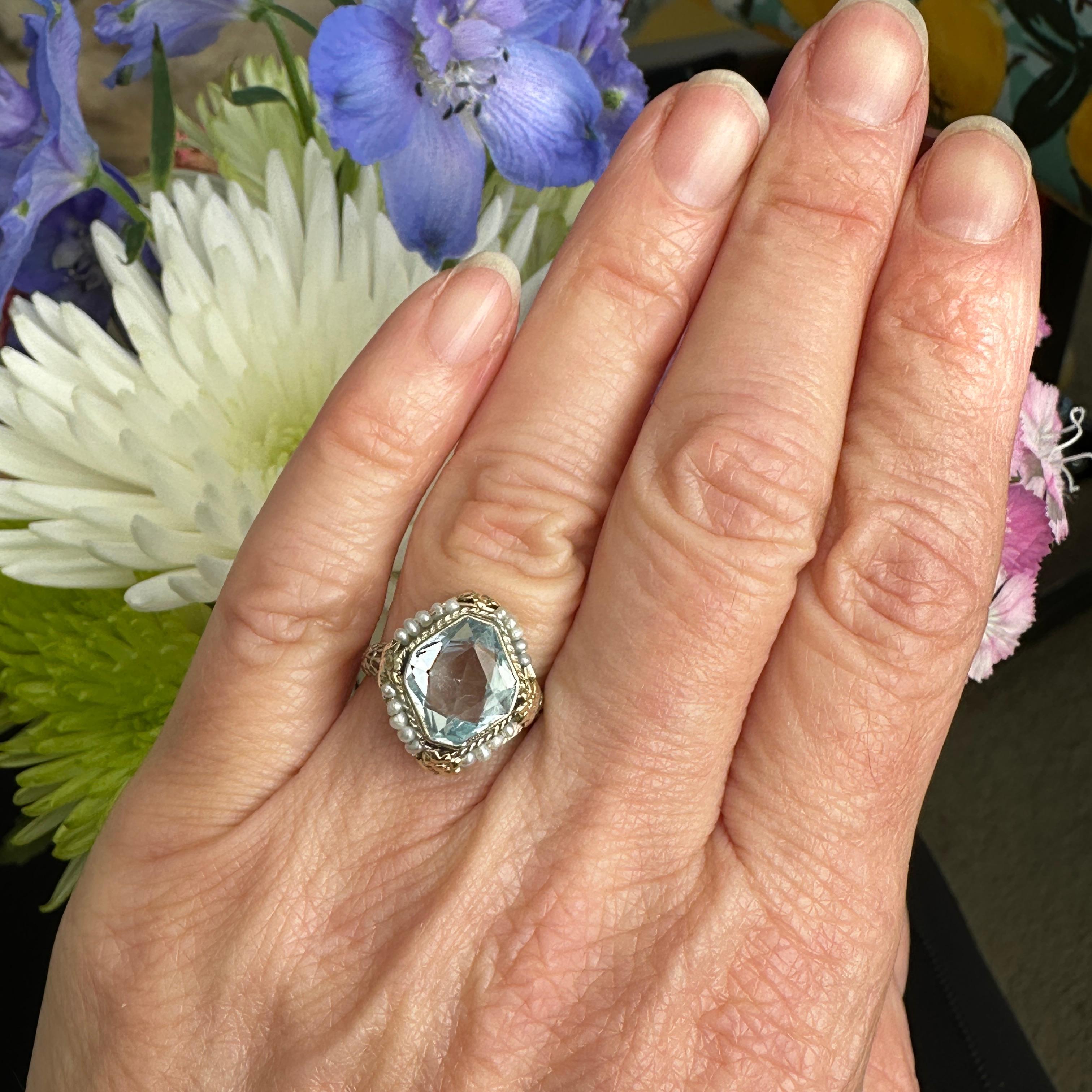Women's Art Deco Aquamarine Seed Pearl 14K Filigree Ring