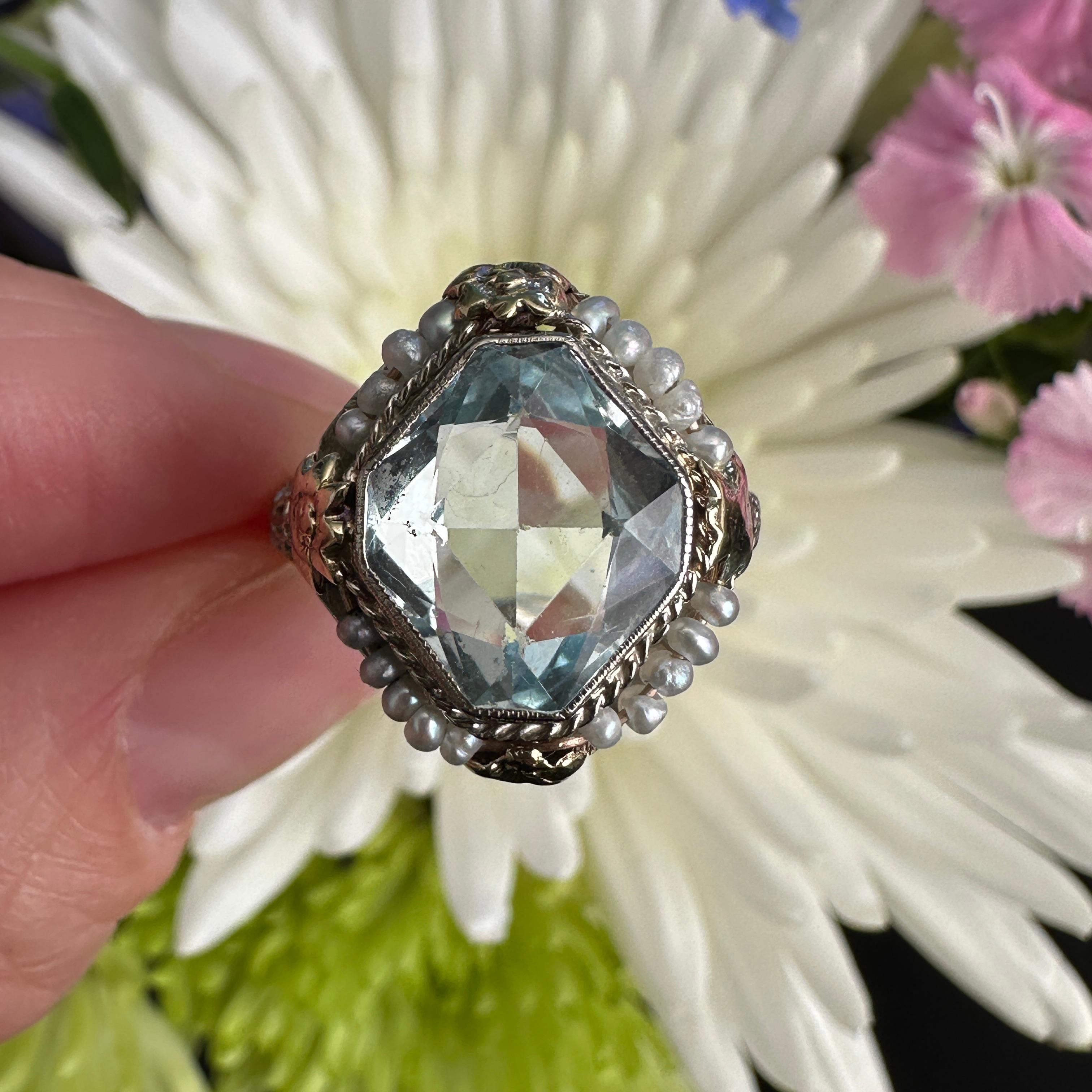 Art Deco Aquamarine Seed Pearl 14K Filigree Ring 1