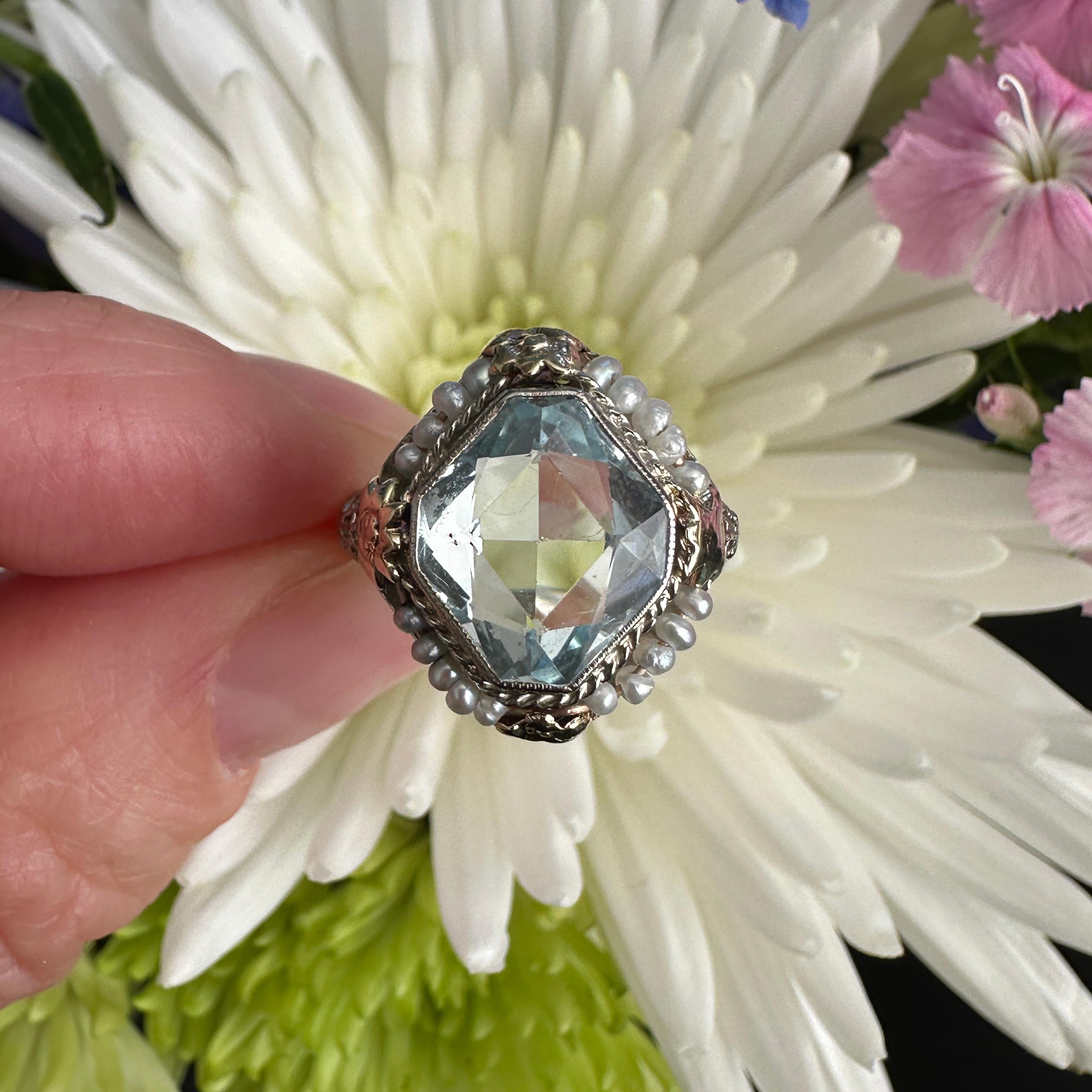 Art Deco Aquamarine Seed Pearl 14K Filigree Ring 2