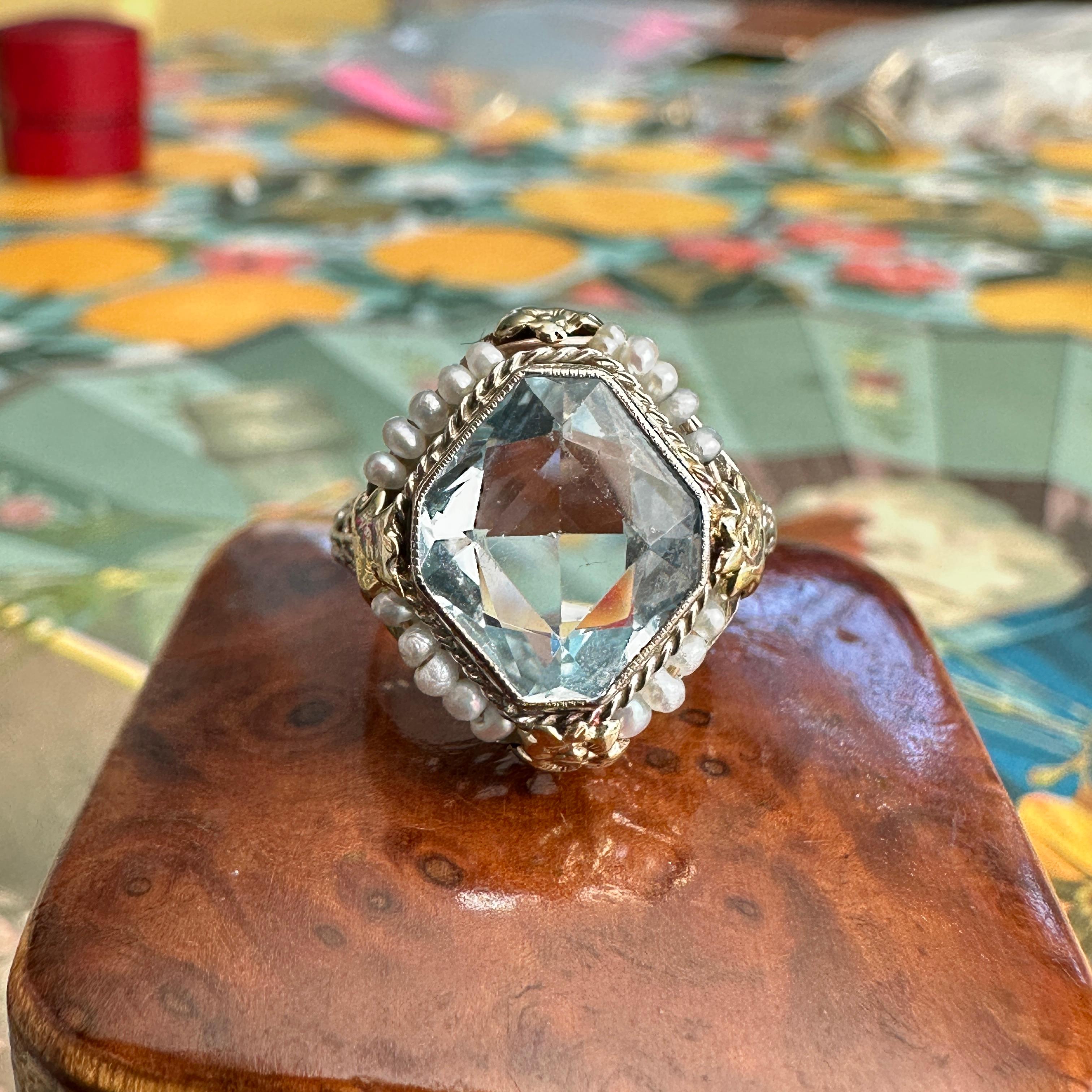 Art Deco Aquamarine Seed Pearl 14K Filigree Ring 3