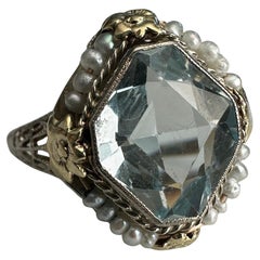Art Deco Aquamarine Seed Pearl 14K Filigree Ring