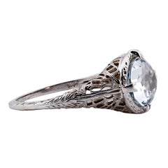 Art Deco Aquamarine Solitaire Filigree Vintage Ring in 18 Karat White Gold