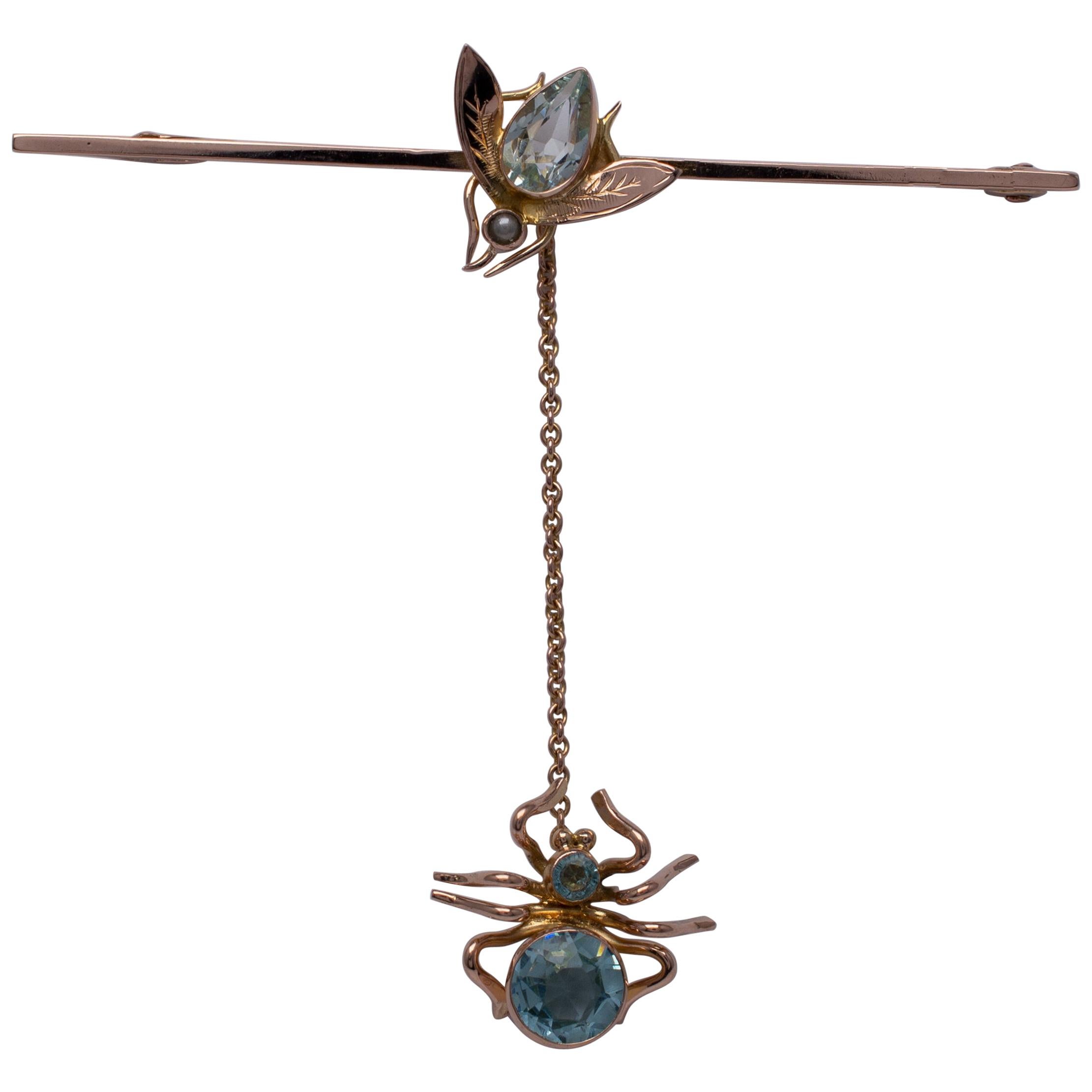 Art Deco Aquamarine Topaz Pearl Fly Spider Brooch 9 Karat Rose Gold Chester 1921 For Sale