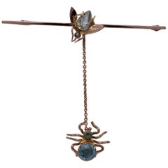 Antique Art Deco Aquamarine Topaz Pearl Fly Spider Brooch 9 Karat Rose Gold Chester 1921