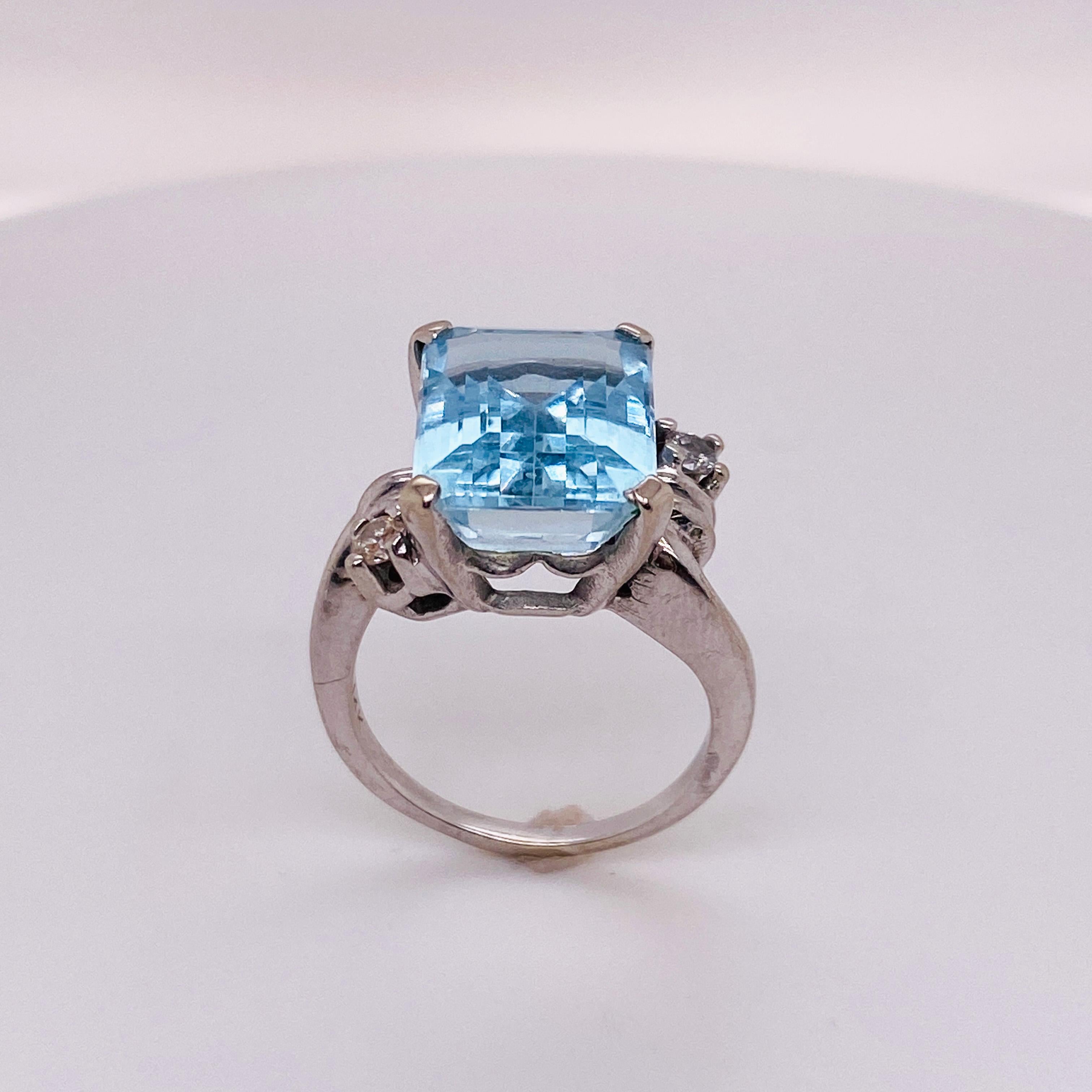 Emerald Cut Art Deco Aquamarine Ring, 6.2 Carats with Diamonds in 14K White Gold For Sale