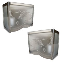 Art Deco Aquatic Frosted Art Glass Wall Sconce, Pair