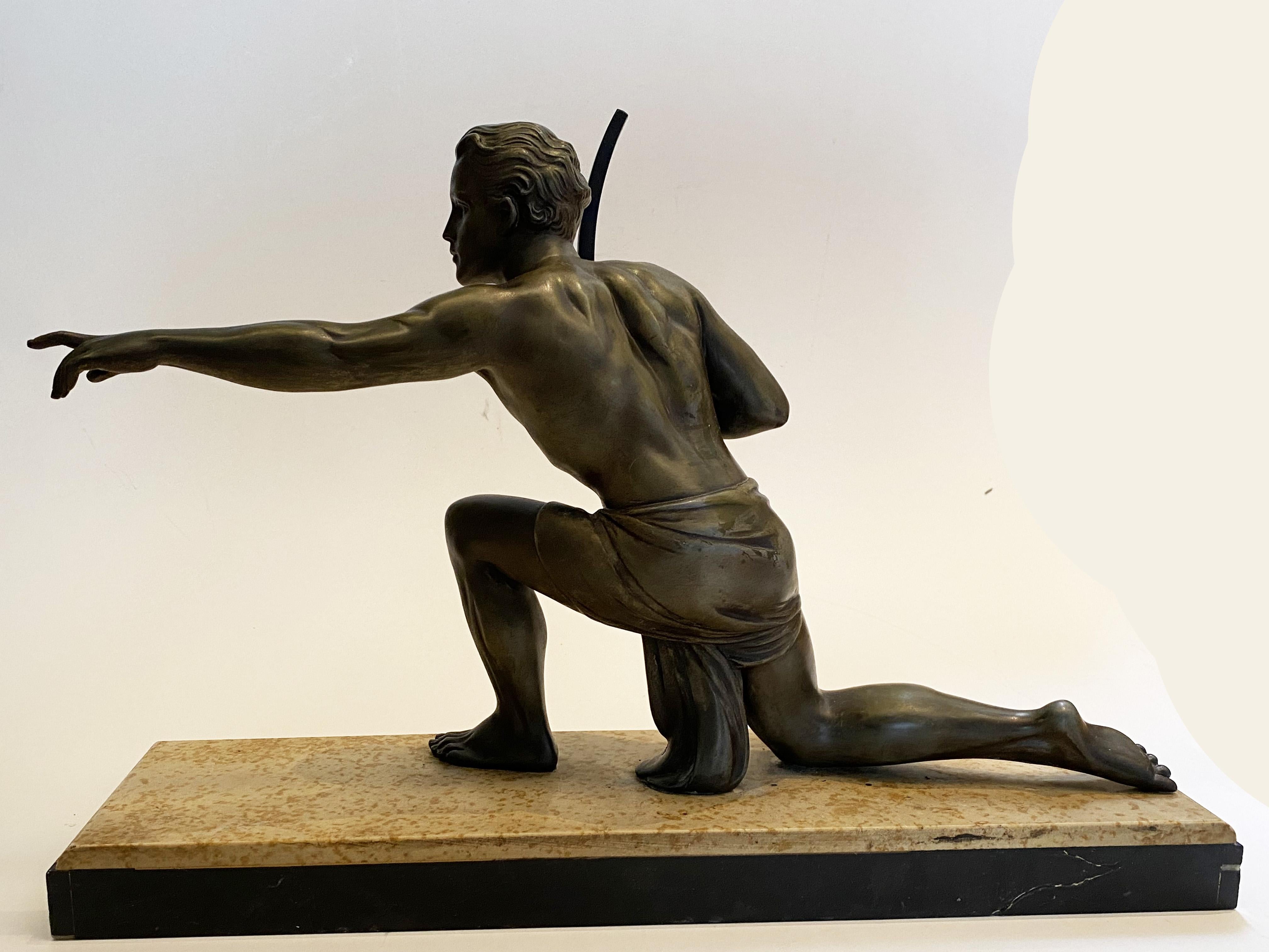 Early 20th Century Art Deco Archer Sculpture, Man with a bow, by Jean de Roncourt, France, 1920s.