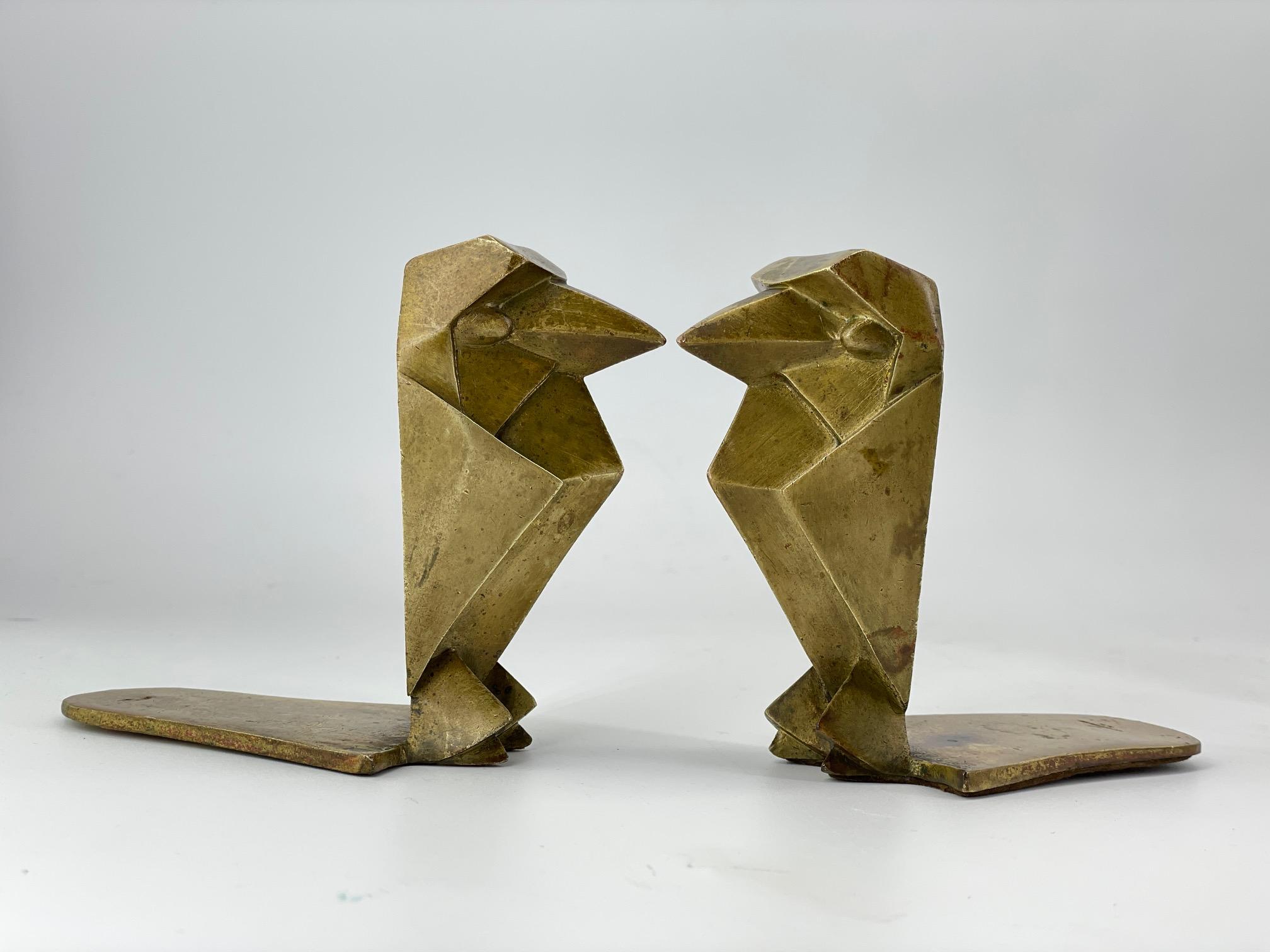 Mid-Century Modern Art Deco Architectural Bird Bookends Art Brass Co NY Geometric Pair Owl Falcon For Sale