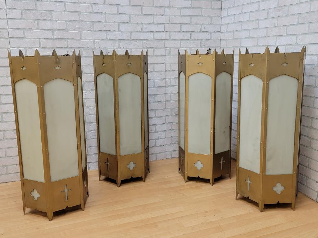 Antique Art Deco Six Sided Milk Glass Panel 6 Light Architectural Church Salvage Lantern Pendants - Set of 4

Classic architectural 100+ year old Chicago church salvage, set of 4 Art Deco style tall brass 6-sided milk glass panel, cylinder shaped