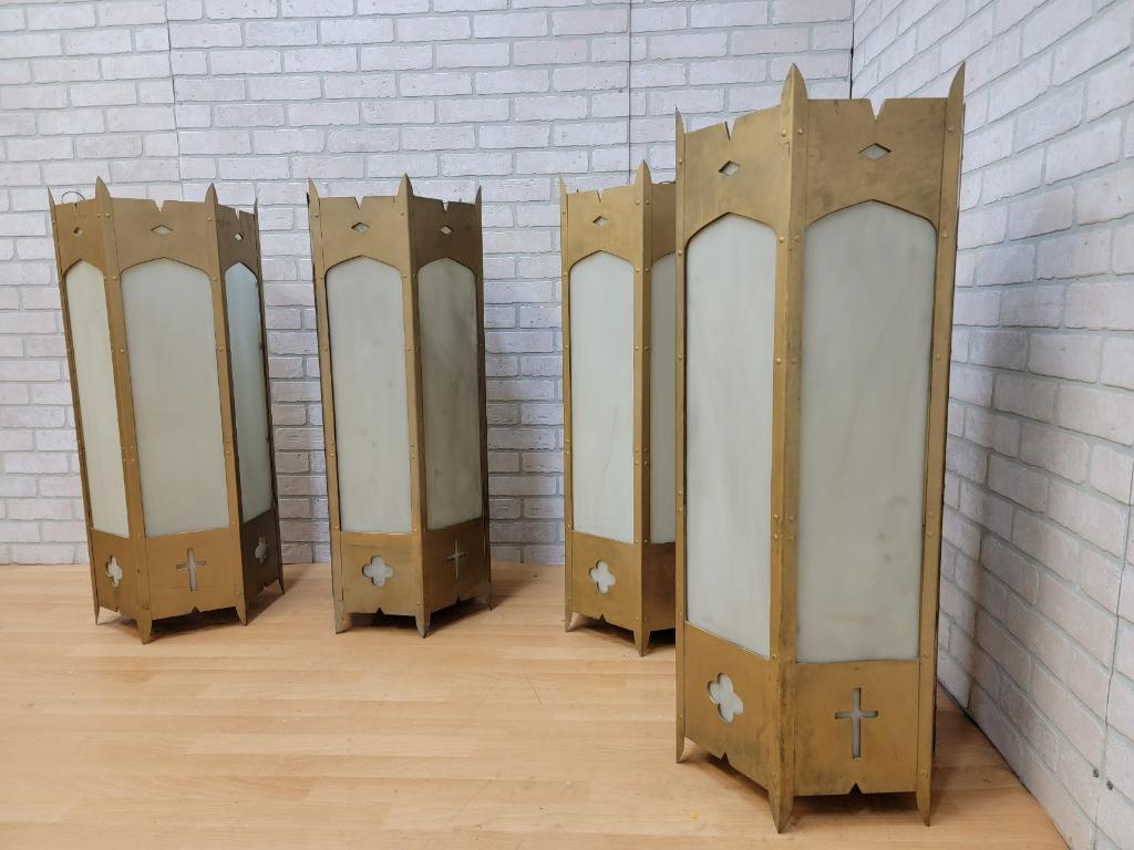 Metal Art Deco Architectural Church Salvage Lantern Pendants - Set of 4